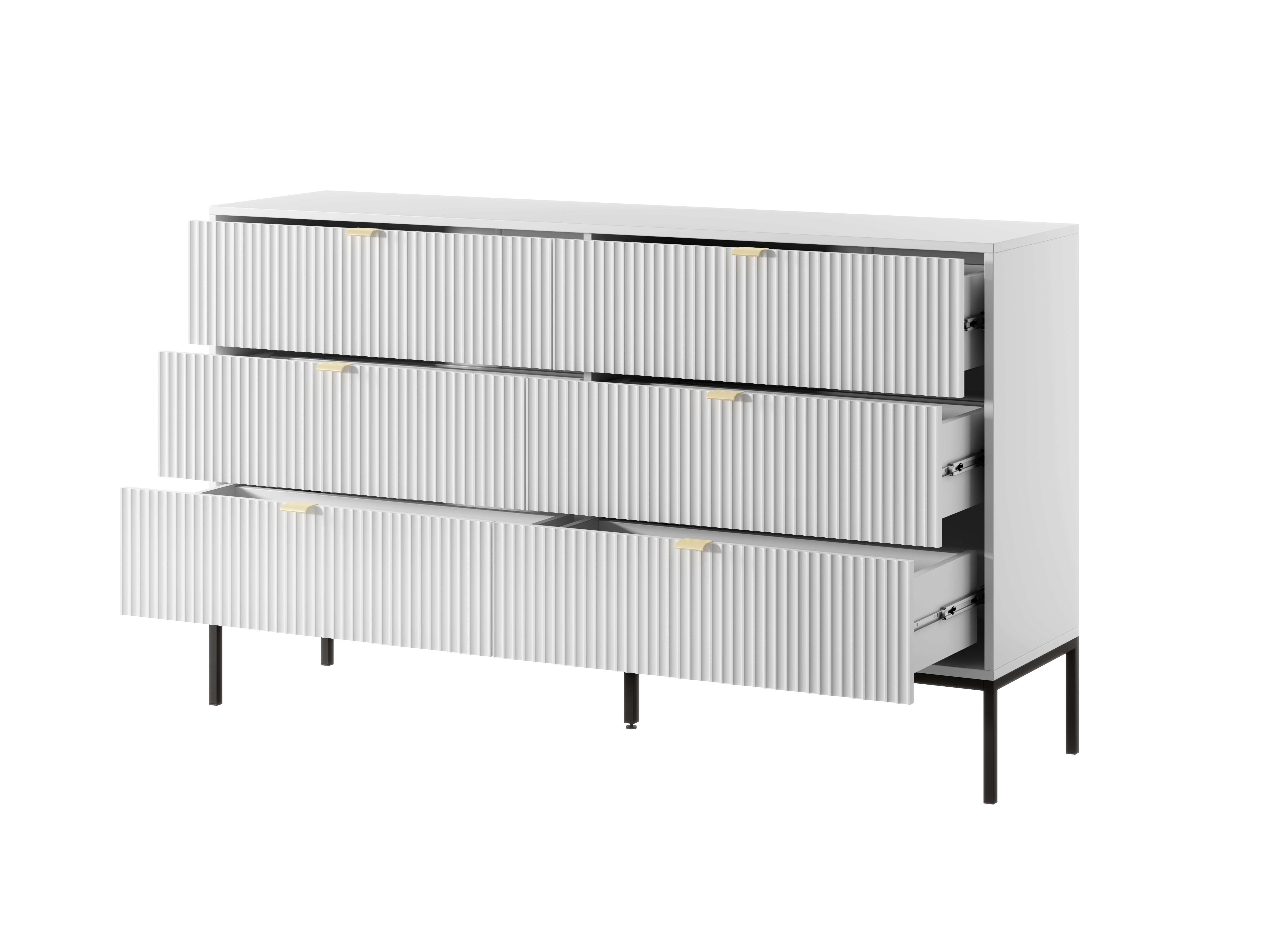 Komoda: 6 szuflad, biała, nogi czarne, 154 x 39 x 83 cm, uchwyty złote - 3