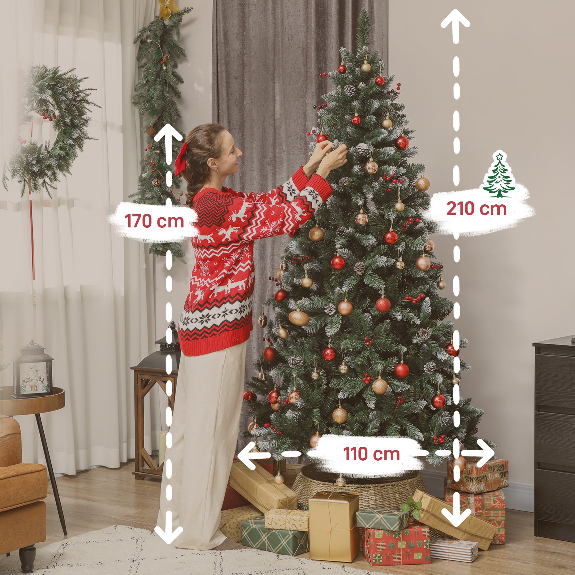 HOMCOM Albero di Natale Alto 210 cm da Interno con 928 Rami, Pigne e Bacche Rosse, Base in Metallo, Verde - 3