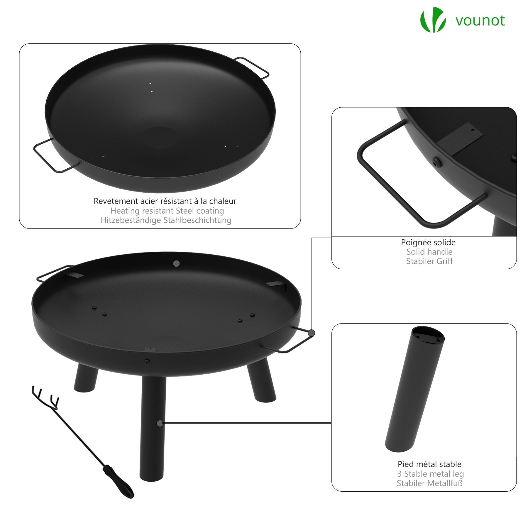 Brasero Exterieur en Metal avec Grille Tisonnier diametre 60cm noir VOUNOT® - 2