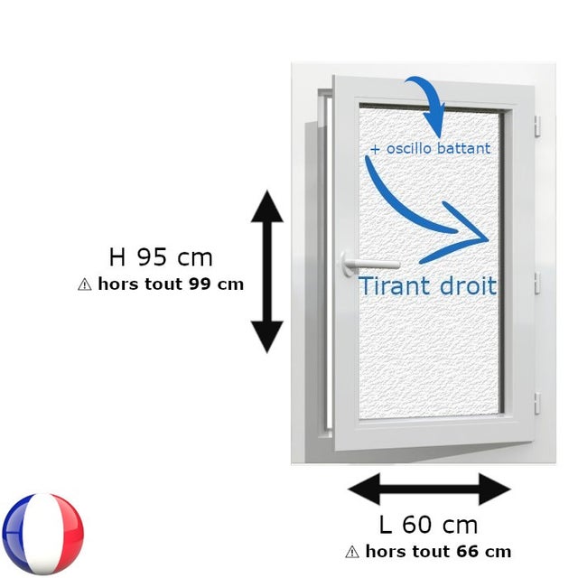 Fenêtre PVC 1 vantail H 95 x L 60 cm OB verre brouillé pour pose en neuf - tirant droit