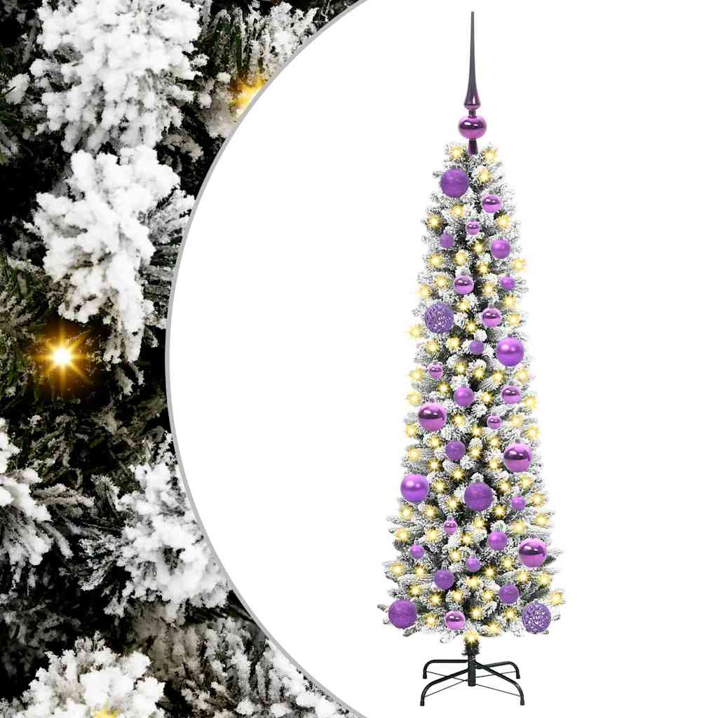 VidaXL Albero Di Natale Artificiale Sottile Con 150 LED Bianco Caldo - 120 Cm - 8 Modalità Luce - Con Pigne E Neve - Alimentazione USB - 5