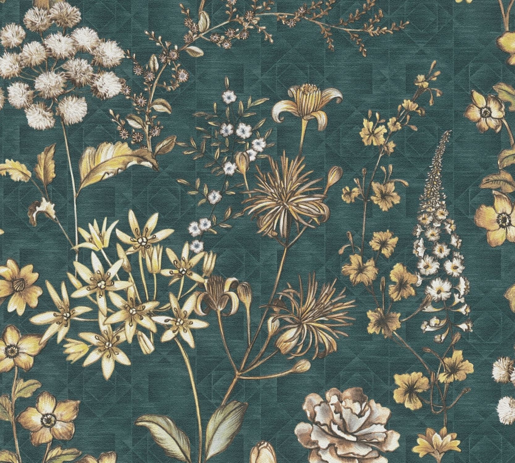 Tapeta kwiaty petrol blue,pomarańczowym,żółtym,brązowymIbiałym - 53 cm x 10.05 m - LIVINGWALLS