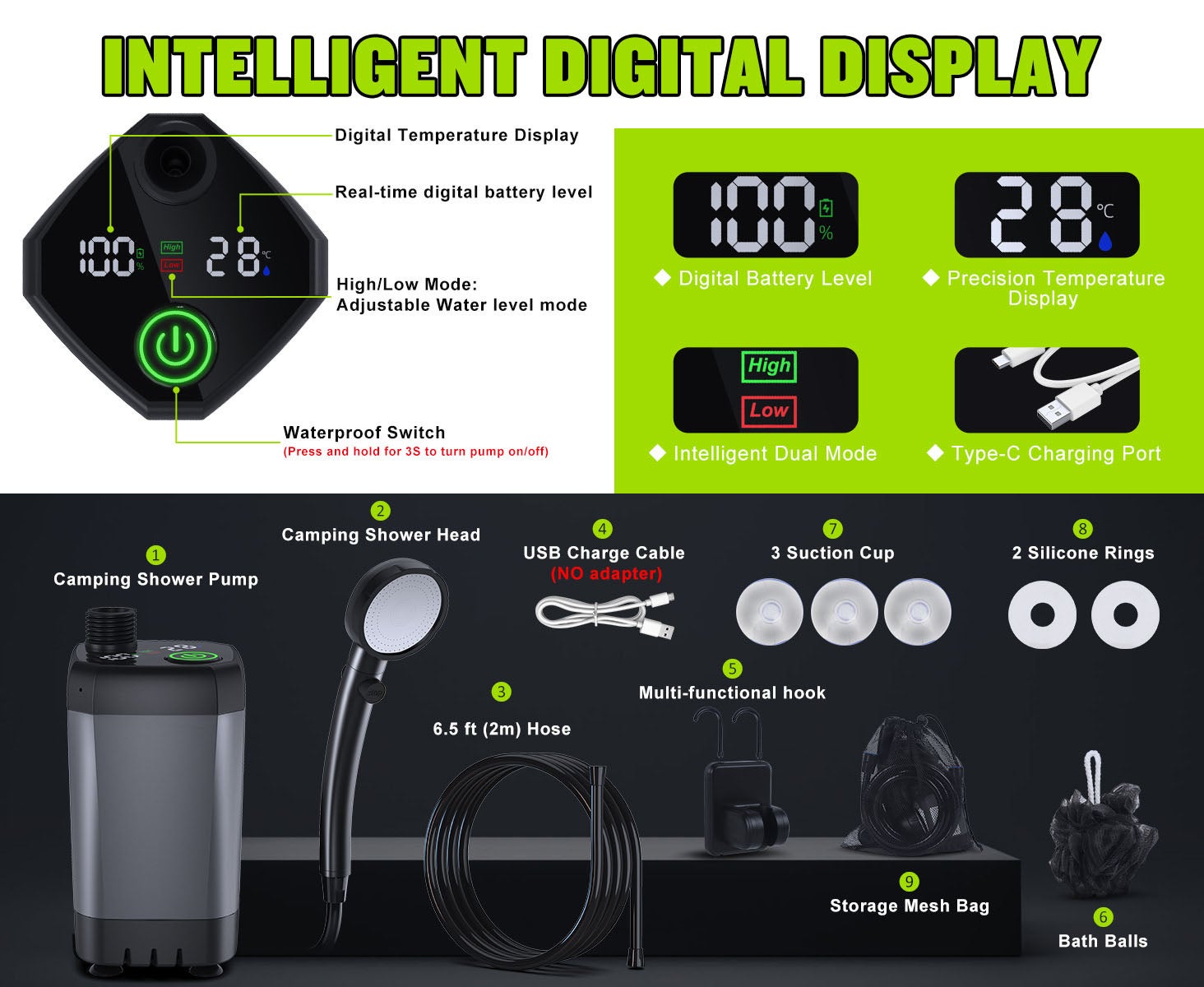 Douche d'extérieur, ensemble de douche avec écran LED, 4 modes de douche, douchette, rechargeable 6000 mAh, idéale pour le camping et la plage, noire - 5