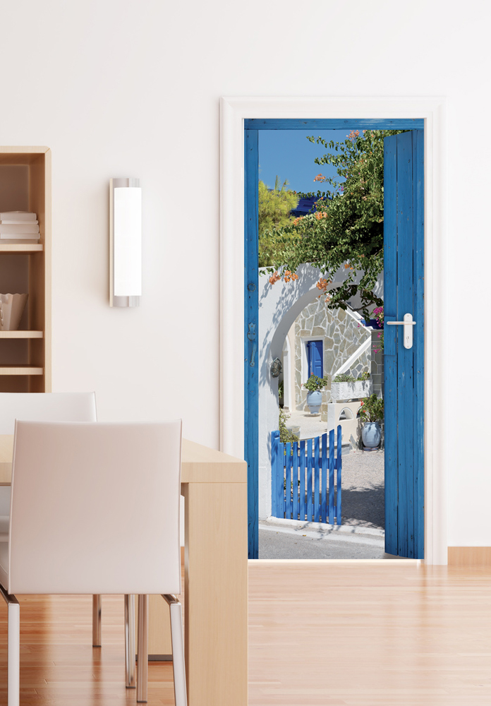 Pegatina decorativa de la puerta, trompe l'oeil marco de puerta de madera azul en el patio griego, 204 cm x 83 cm