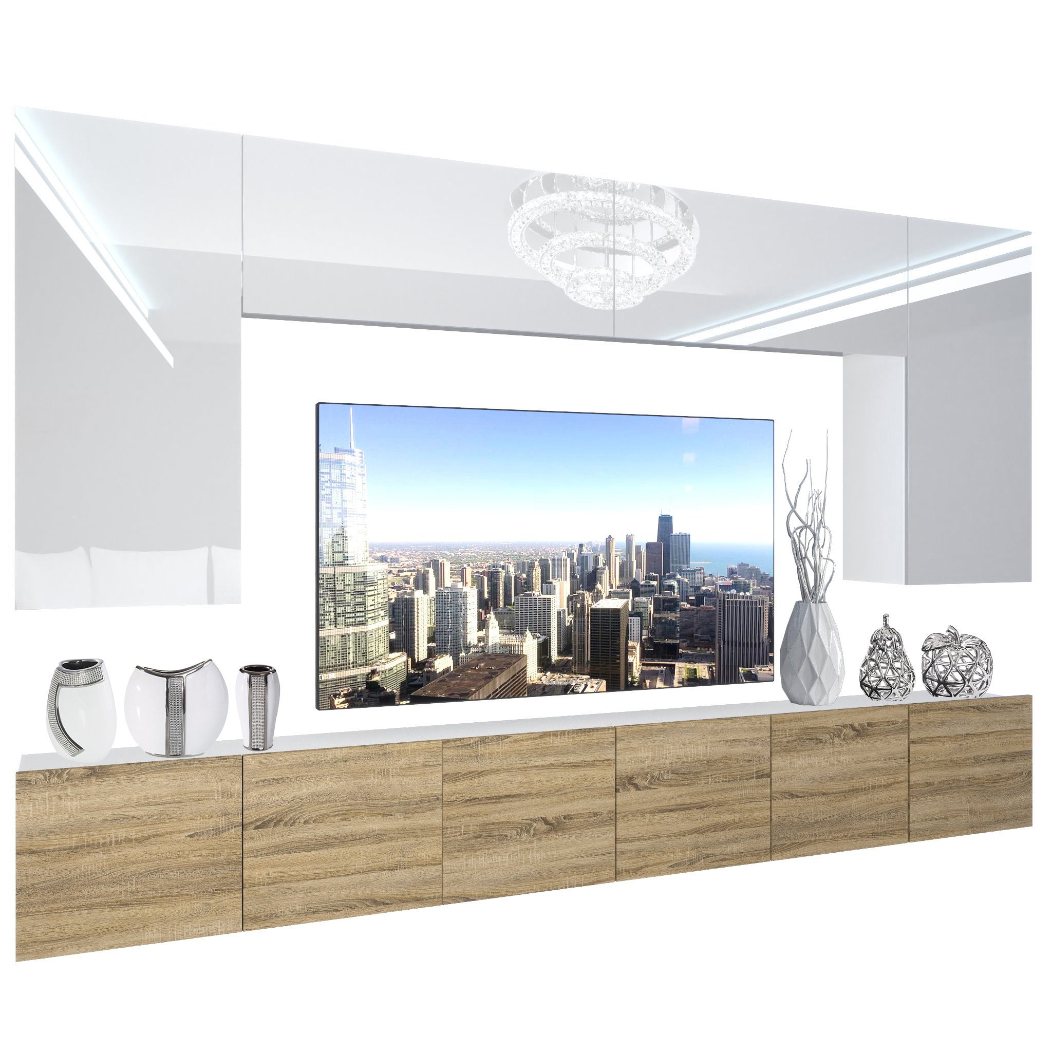 Meuble TV Mural NEX I Belini - 200x180x36 Cm, Blanc Brillant/chêne, éclairage LED RGB, Portes à Fermeture Douce