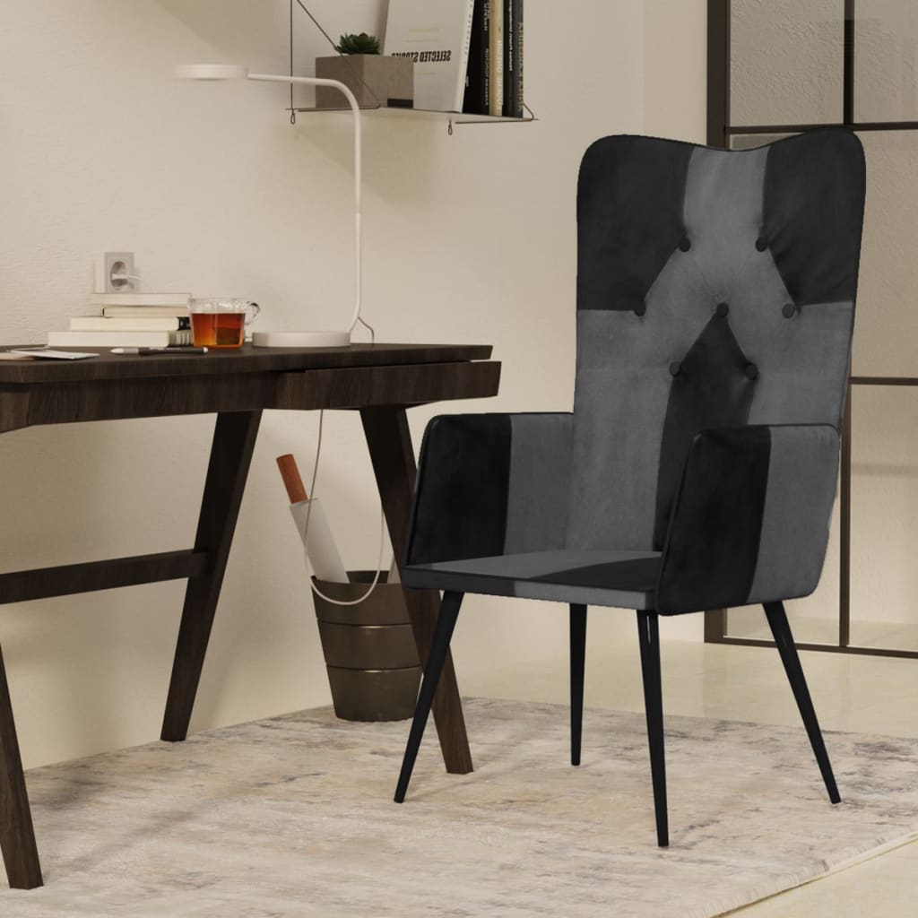 Sillón de salón | silla | sillón orejero cuero auténtico negro y gris cfw298882
