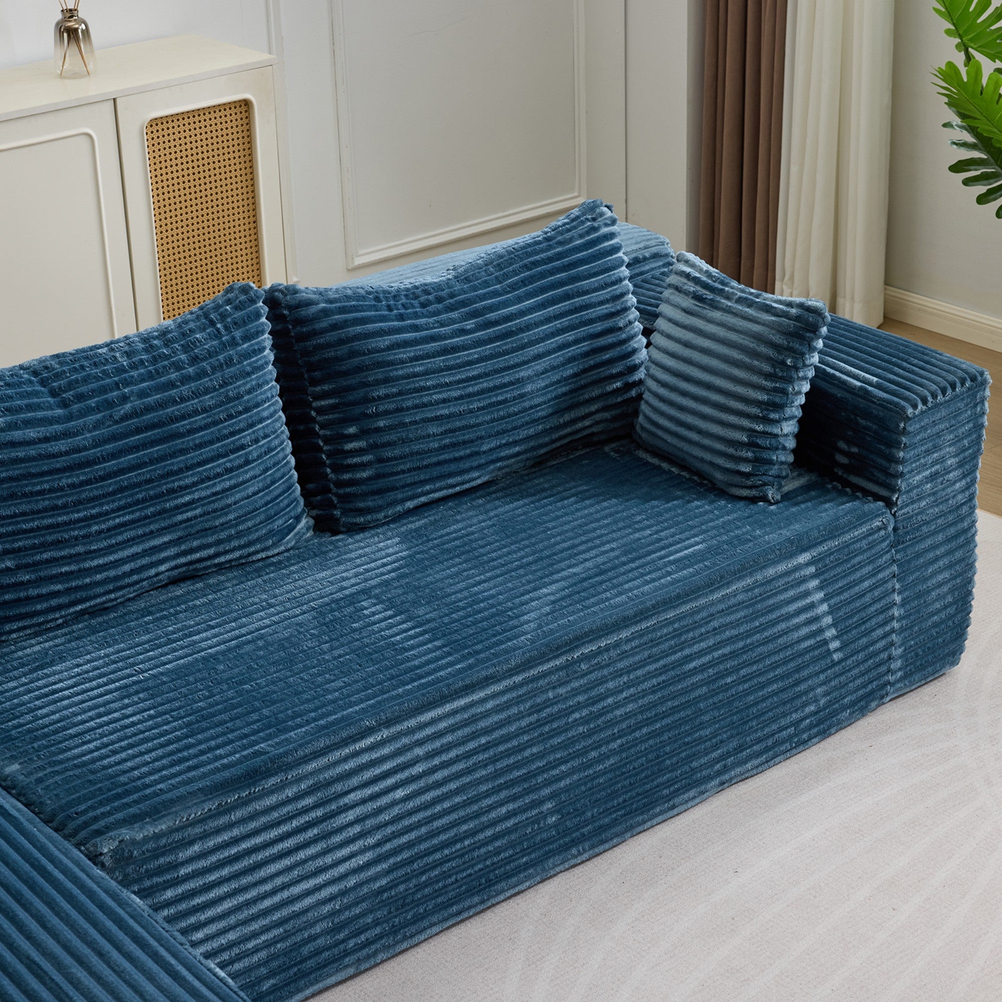 Ensemble de canapés modulaires en velours côtelé, ensemble de canapés en L sur pied, prêt à assembler, adapté aux salons, bleu - 8