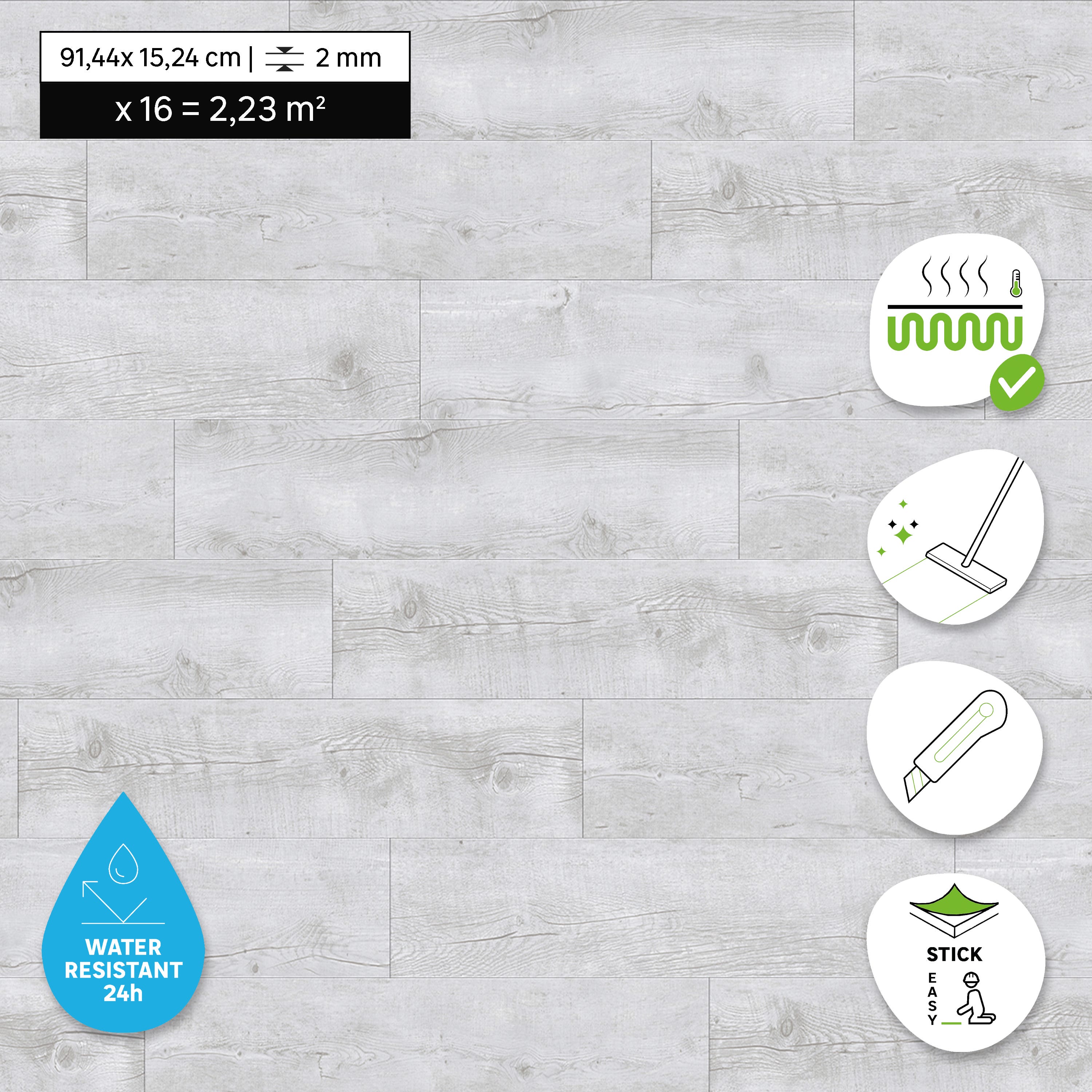 ARTENS - Sol PVC - Lames PVC adhésives BARMAH - FORTE - Effet Bois - Gris clair - Dimensions L.91,44 cm x l.15,24 cm - Epaisseur 2 mm - 2,23 m²/ 16 - 3