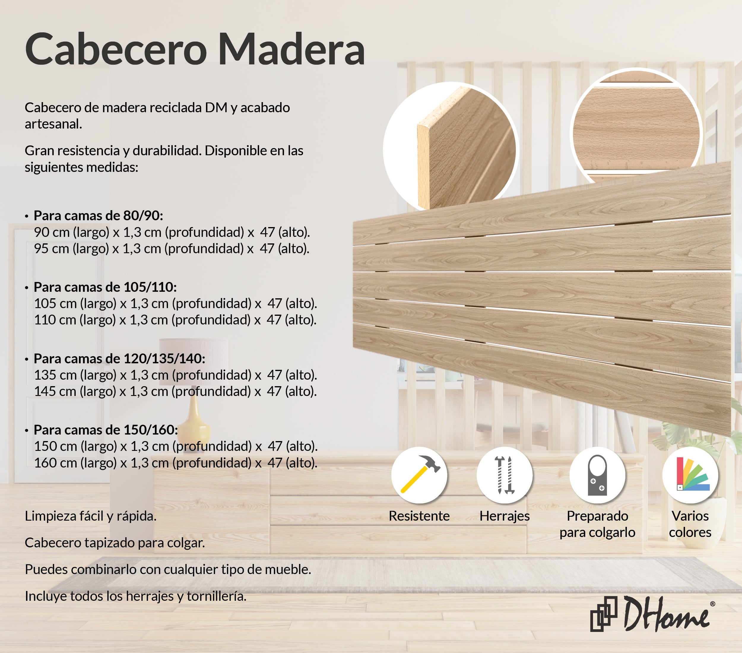 DHOME Cabecero de Madera reciclada DM Estilo Palet Horizontal 135x46cm Camas 120/135 - Madera Natural - 2