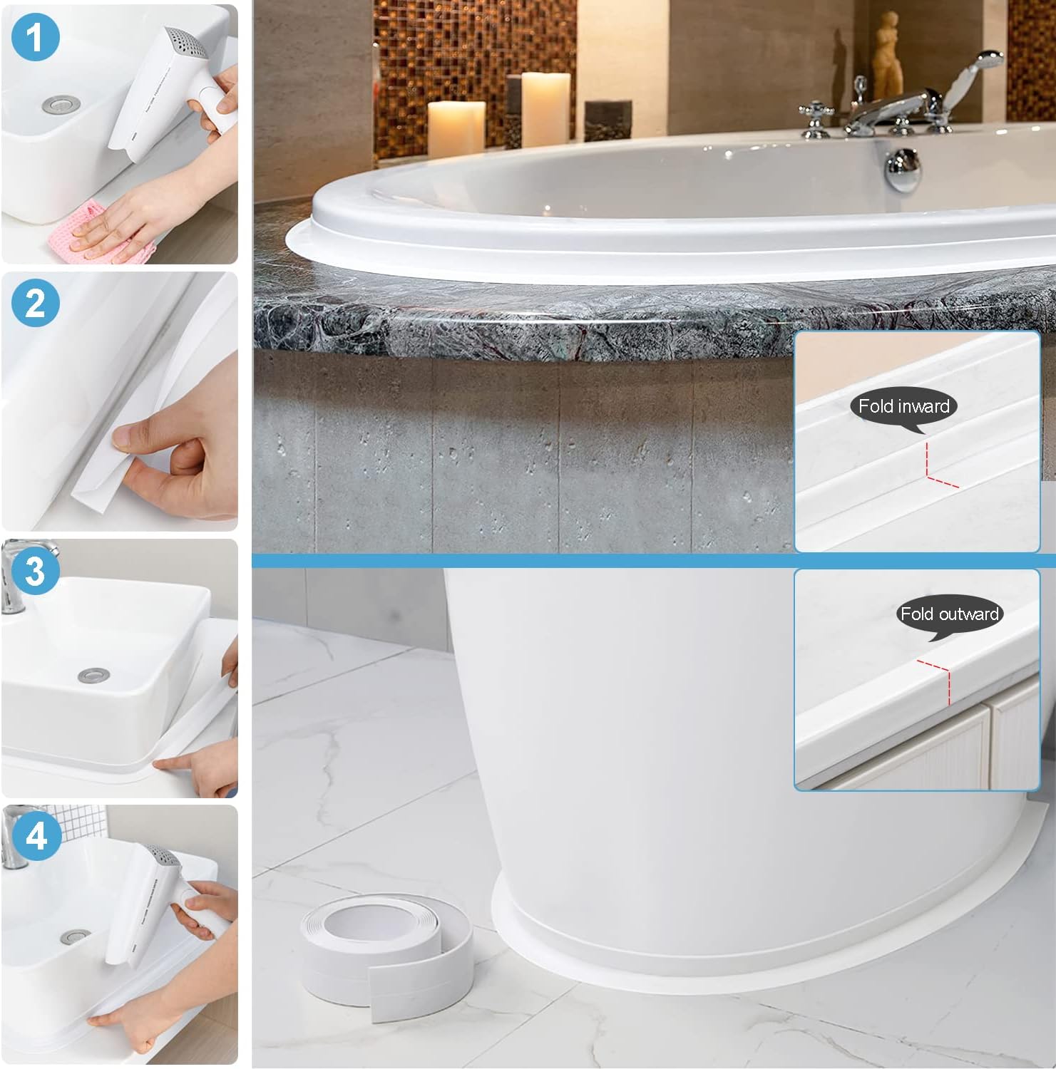 rotoli di nastro sigillante autoadesivo in PVC, nastro isolante per lavello da cucina, WC, vasca da bagno, angolo della parete, piastrelle 3.2 (bianc - 5