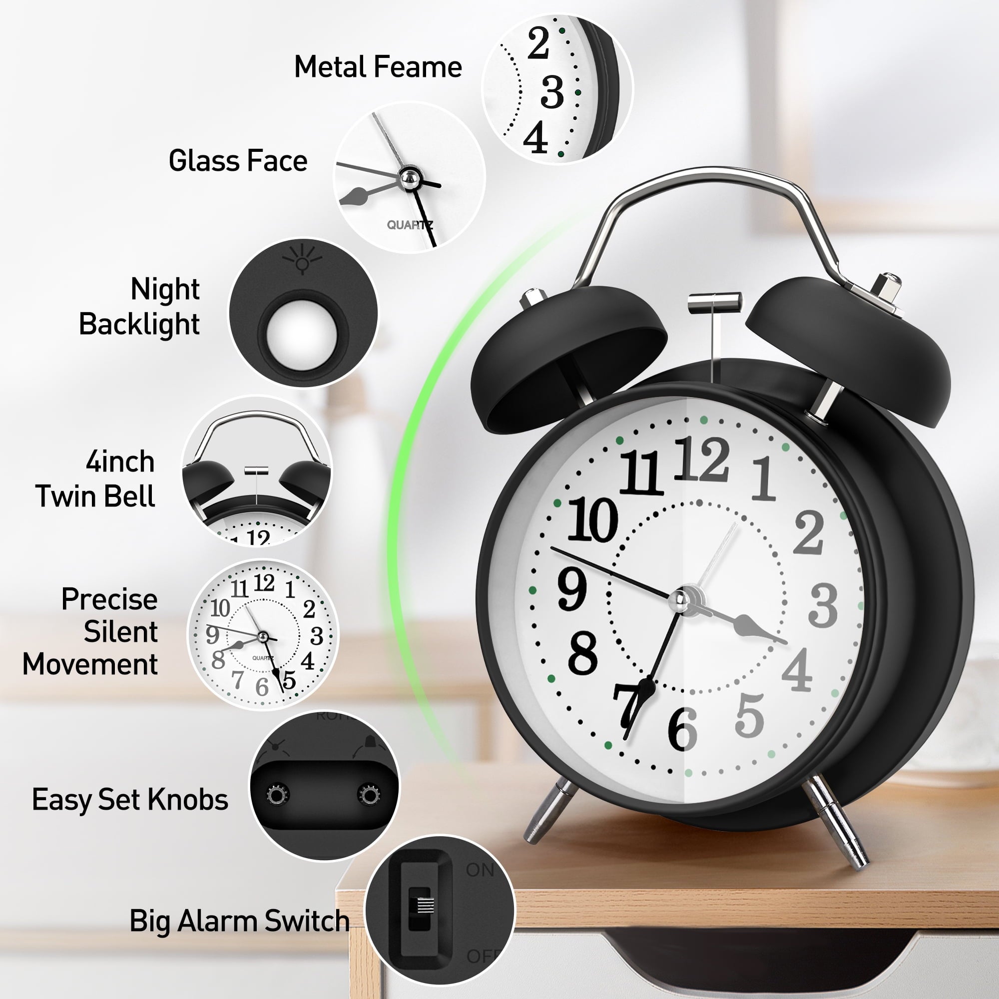 Réveil super fort pour gros dormeurs, 4 pouces double cloche avec rétroéclairage, Silencieux, Cadran lumineux, Noir - 6