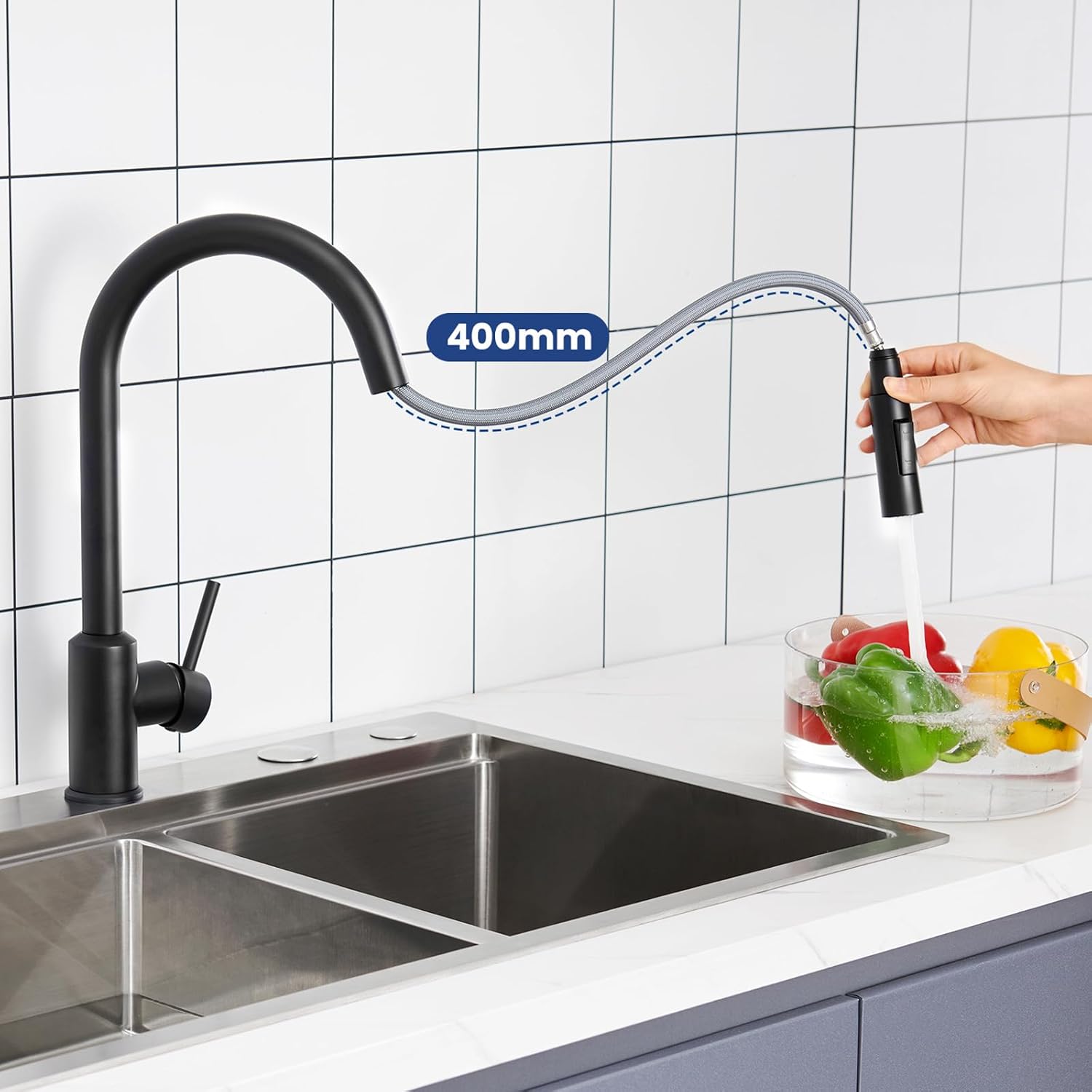 Robinet de Cuisine Professionnel Extensible - Noir Moderne, 2 Jets et Rotation 360° - Installation Facile - 3