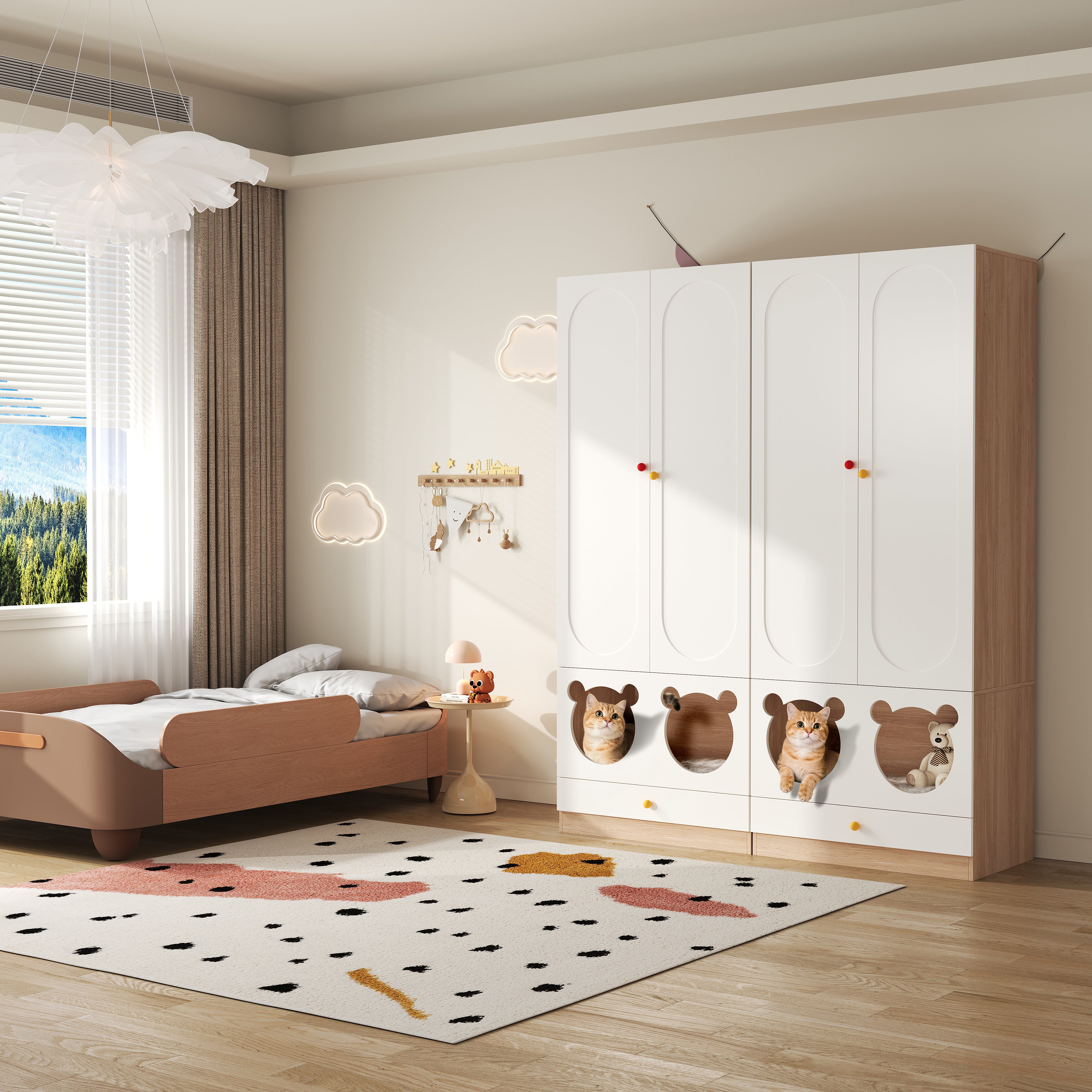 Zestaw 2 szaf dziecięcych 160x50x200 cm - z drążkiem na ubrania - z legowiskiem dla kota - 4 drzwi - kolor biały + kolor naturalny - 2