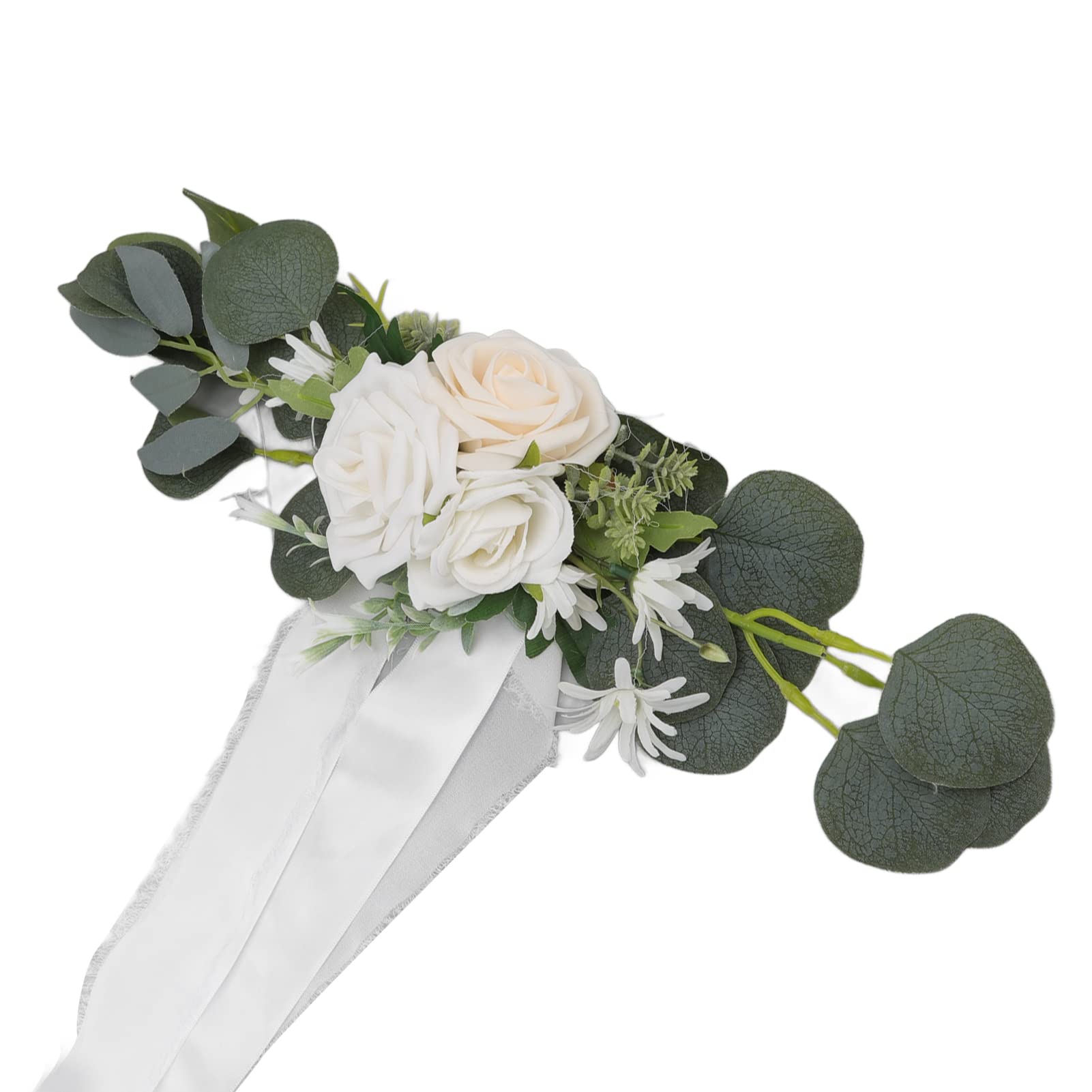 Silla de boda con flores blancas Decoración de respaldo de silla de boda Flores artificiales para fotografía - 5
