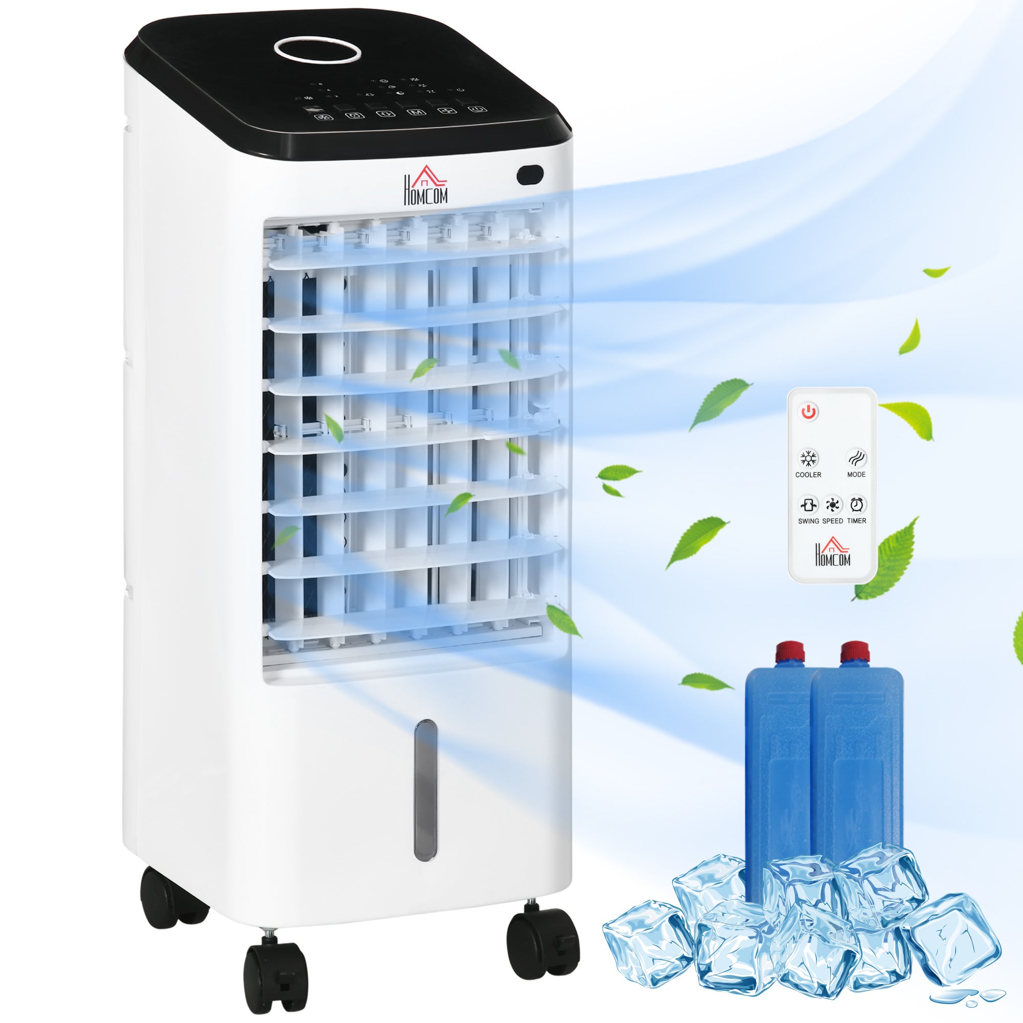 Enfriador evaporativo 3 en 1, ventilador, humidificador con función de hielo y deshumidificador, blanco.