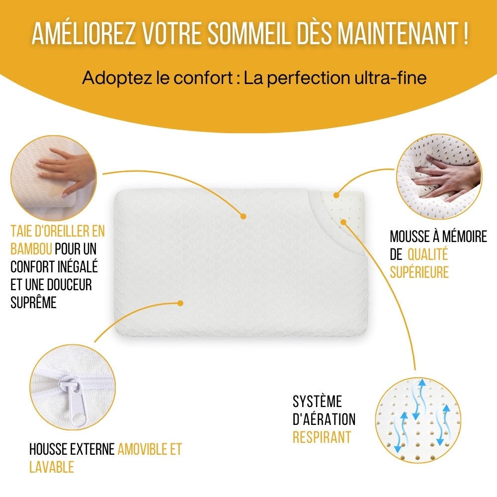Oreiller EXTRA PLAT pour Personnes qui Dorment sur le Ventre S – 50x30x5,5 - Taie d'Oreiller en Bambou INPHYSIO - 3