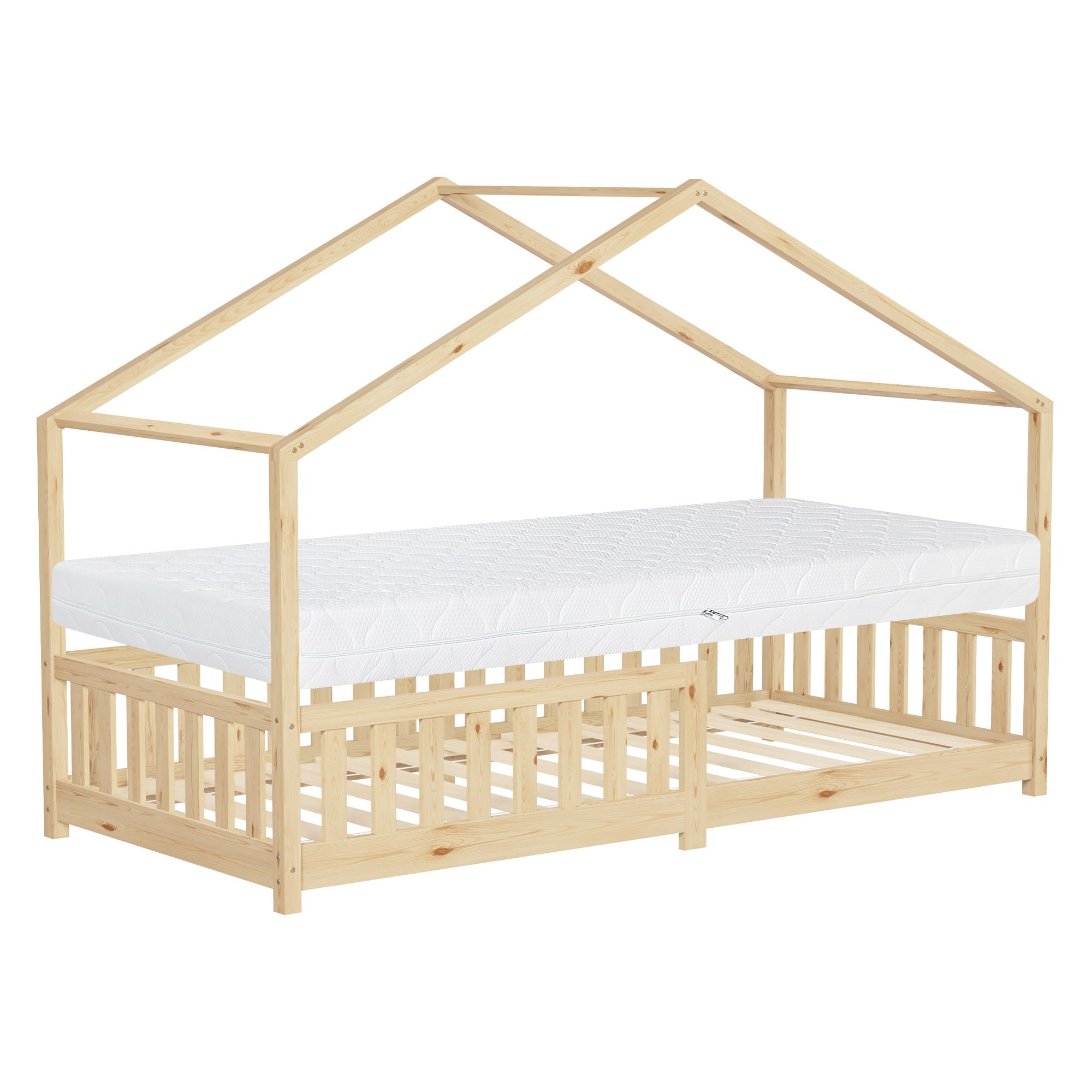 ML-Design łóżko dziecięce domek 90x200 cm naturalne drewniane z materacem wys:16 cm i barierką ochronną Montessori łóżko do zabawy