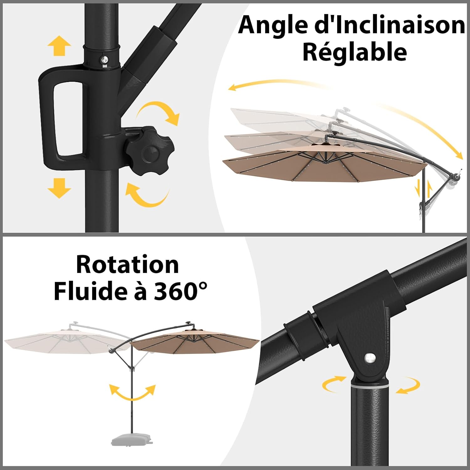 Parasol Déporté 3M avec 32 LED Solaires, Parasol de Jardin 8 Baleines avec Tissu Protection Solaire, Parasol Inclinable Rotatif à 360° (Brun) - 6