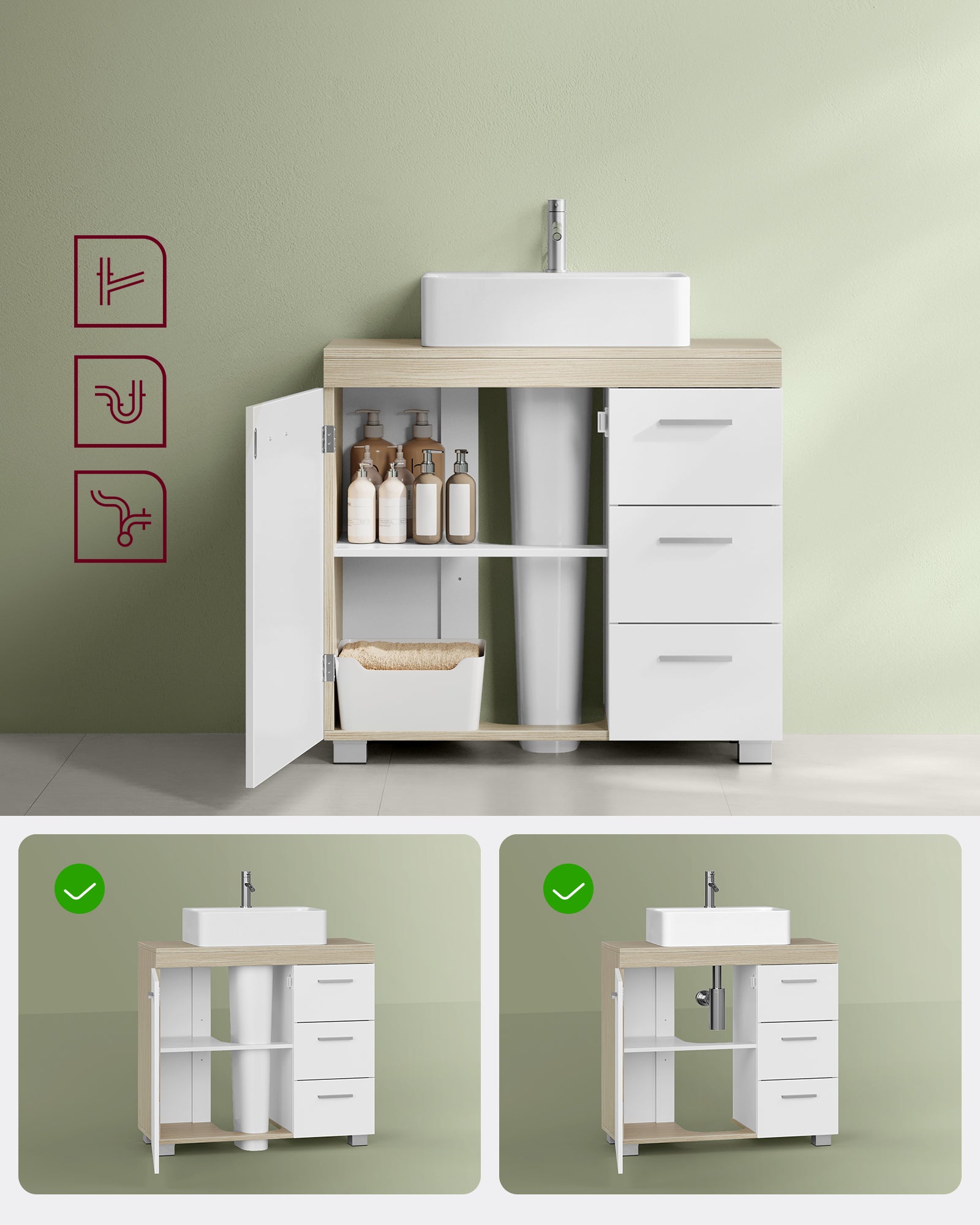 Meuble sous lavabo, 3 Tiroirs Latéraux, 2 Cases derrière la Porte, pour Lavabos sur Colonne, avec Pieds, 30 x 70 x 64 cm, Blanc et Beige Naturel - 3