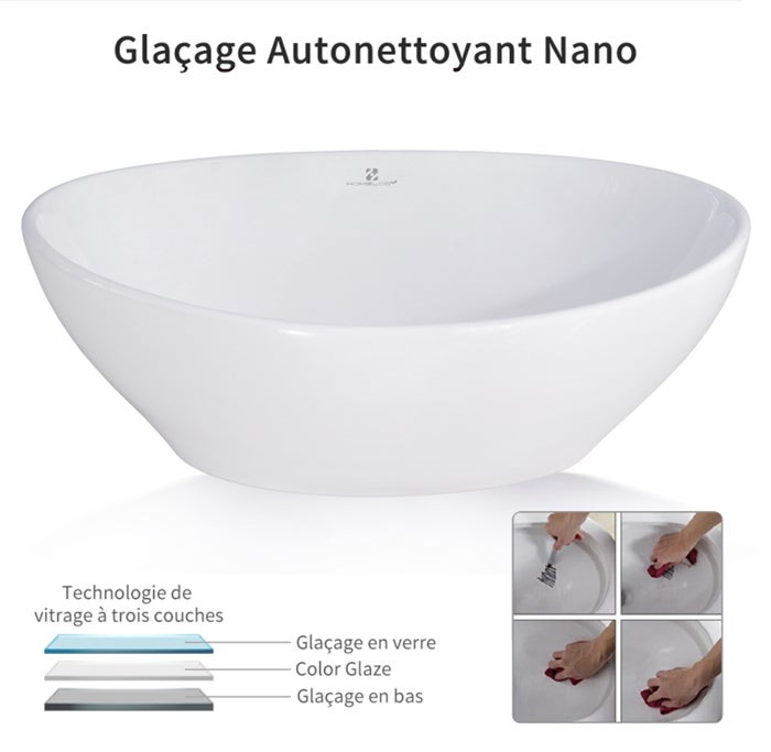 Vasque à Poser Ovale évier de salle de bain en Céramique 41x34 cm, Lavabo blanc avec Bonde Siphon - 3
