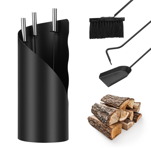 Serviteur de cheminée moderne, ensemble 4 pièces avec tisonnier, cendre, balai & support, Outils de cheminée
