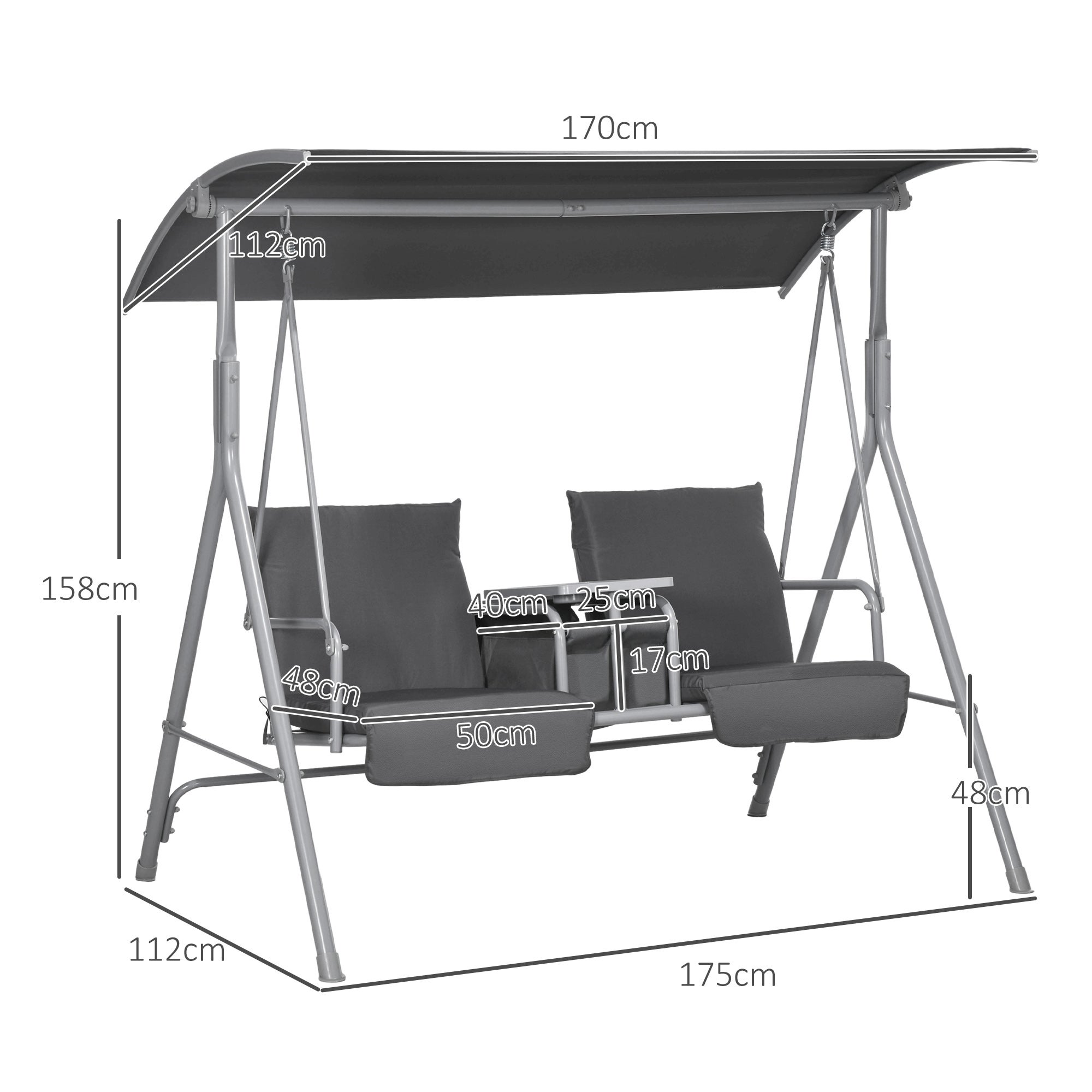 Fauteuil suspendu deux places style Hollywood, avec auvent et table, structure en métal, 175 cm x 110 cm x 165 cm, noir - 5