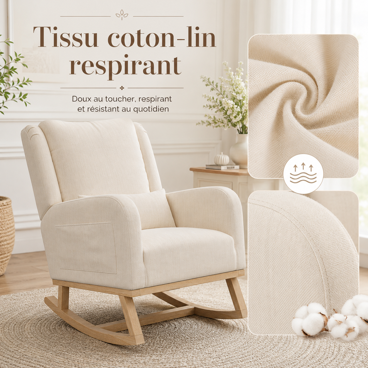 Rocking Chair avec Coussin Lombaire, Allaitement Fauteuil Avec Tapis Antidérapant et Accoudoirs, Chaise Loisir avec Pieds en E' Bois, Beige Lin - 5