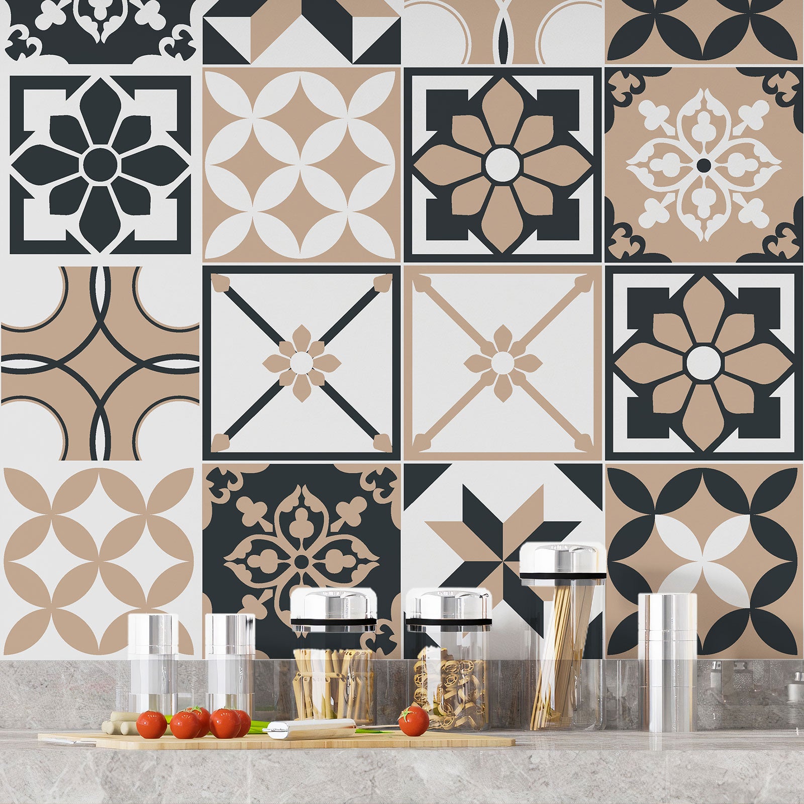 Crédence adhésive sticker décoratif pour cuisine - Effet carreaux de ciment - Adhésif BRILLANT - 60x60 cm - 4