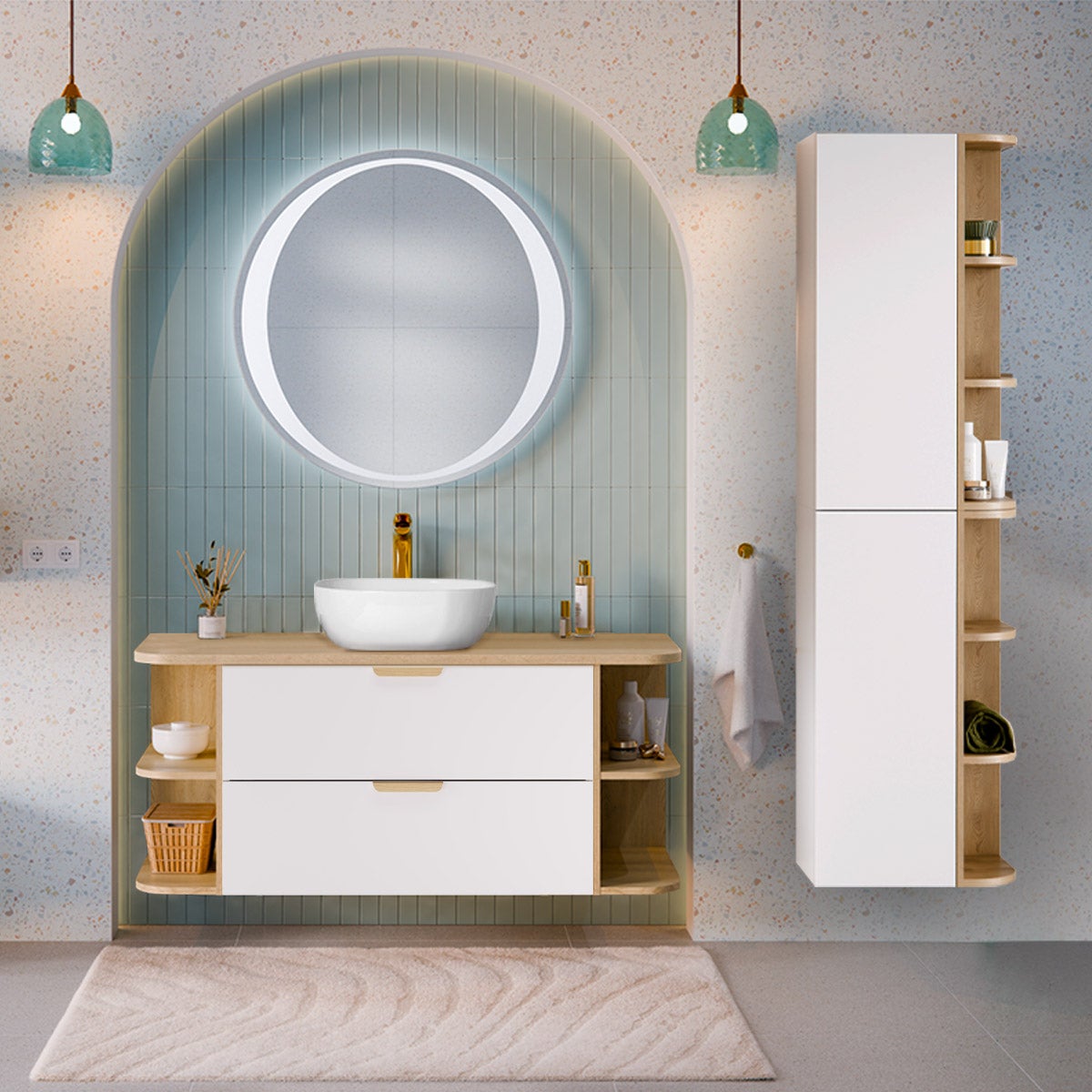 Mueble de lavabo de 120cm con nichos redondeados y columna oria blanco mate