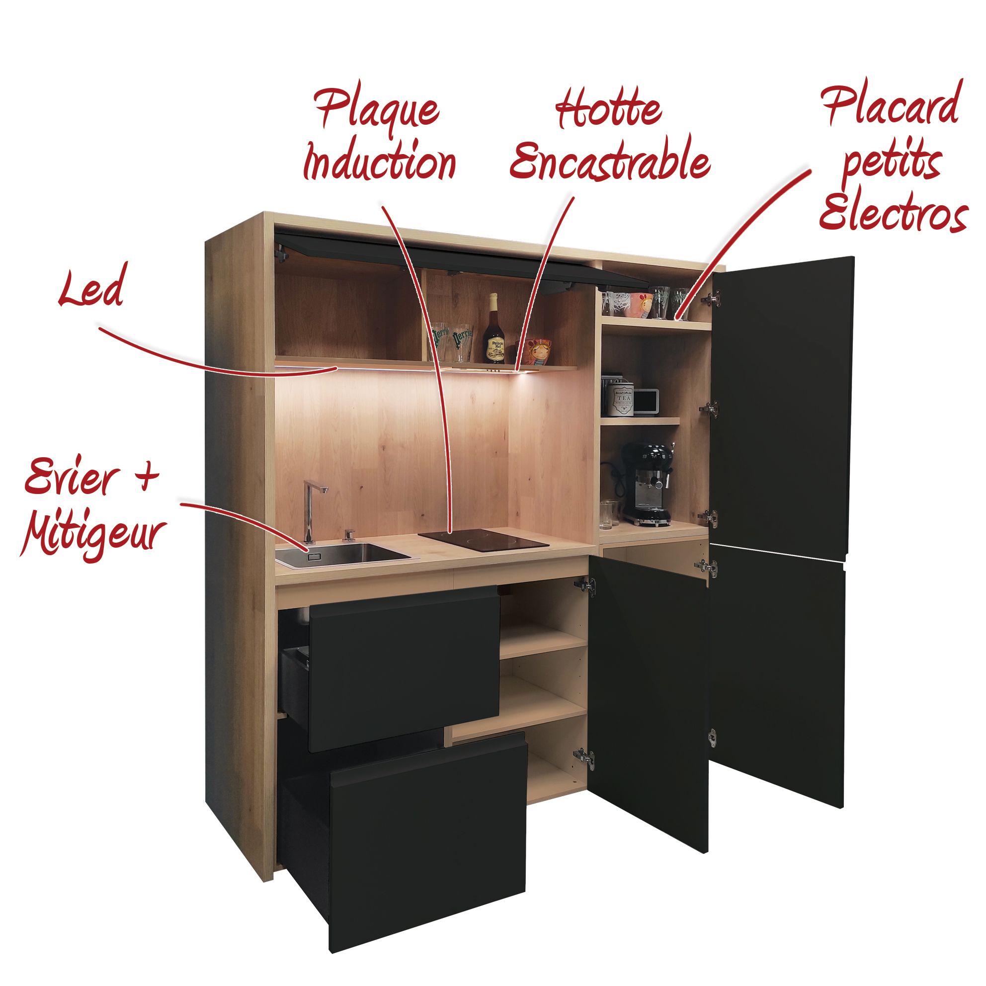 Meuble De Cuisine Complet Sur Mesure – Noir – Avec électroménager, évier Et Robinet