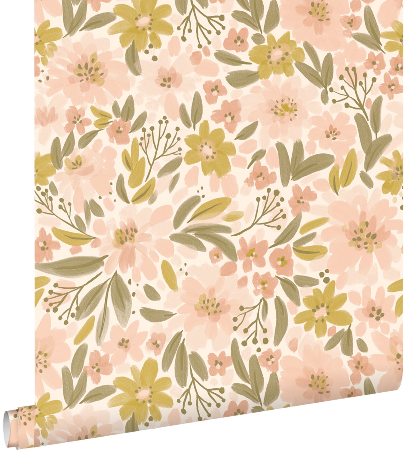 Papel pintado flores rosa suave, amarillo ocre y verde grisáceo - 50 x 900 cm - estahome