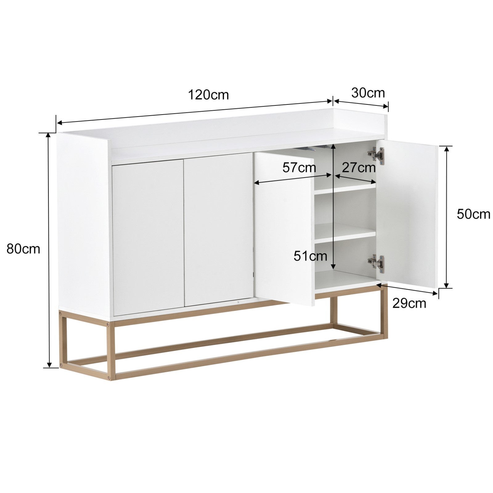 Buffet salon 120 cm, bahut 4 portes push to open, meuble d'entrée salon salle à manger, cuisine, moderne, 120x30x80 cm - Blanc - 5