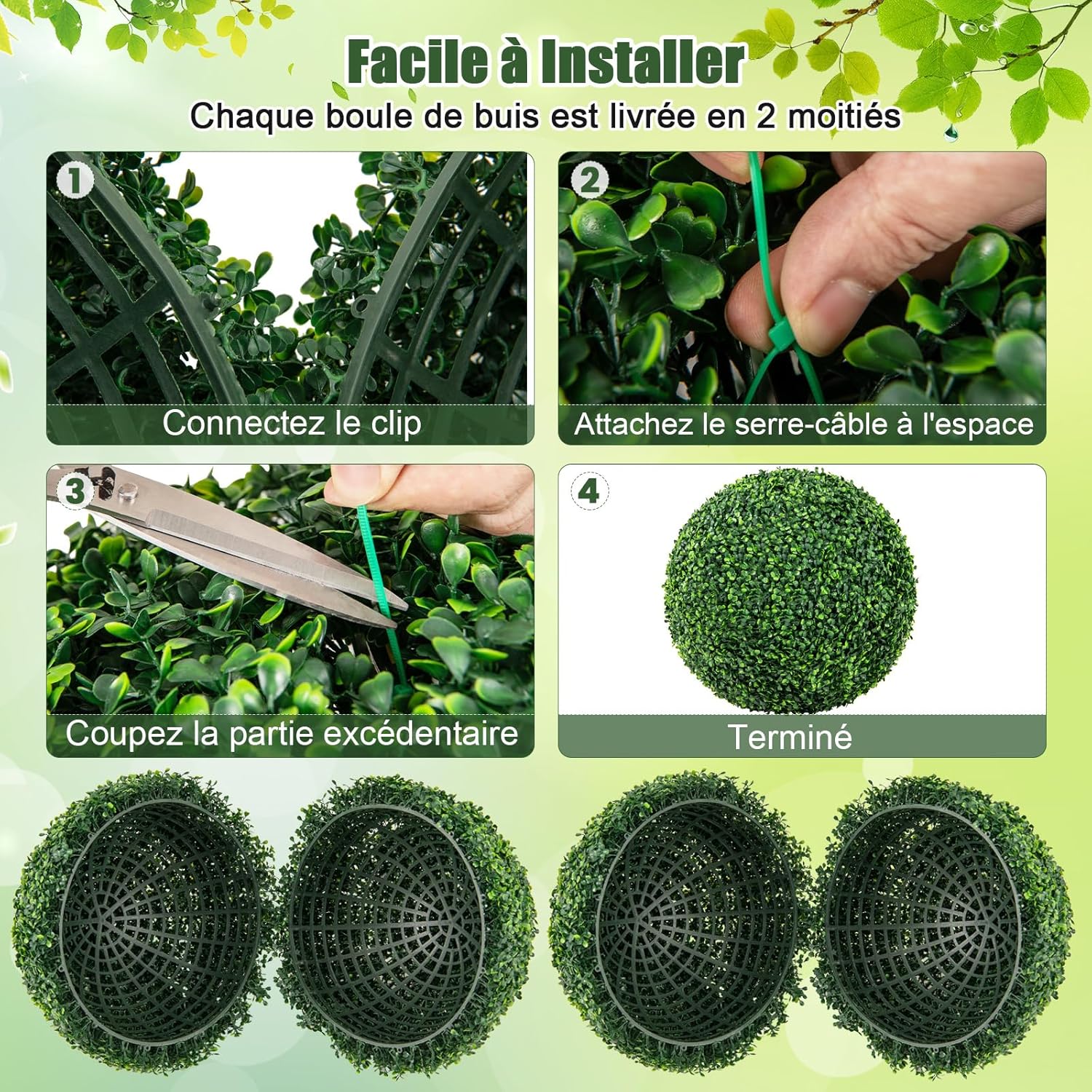 2 Boules de Buis Artificielles 50 cm(Dia. Extérieur) Résistantes aux UV, Plantes en Boules de Faux Sphères Végétales, Vert Foncé - 3