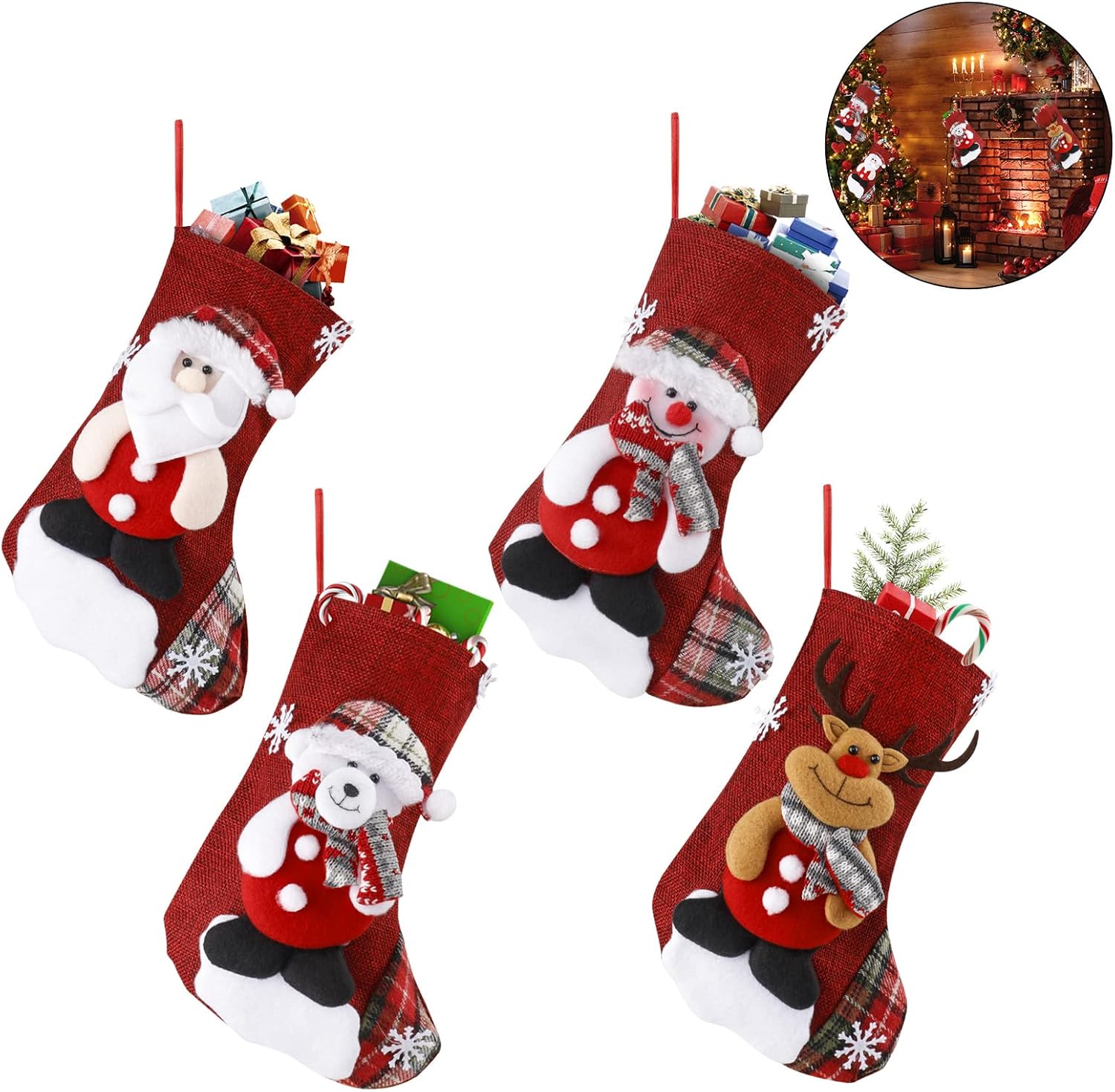 Calcetines navideños, juego de 4 calcetines navideños para colgar en la chimenea, bolsas para dulces, 23 cm. - 2