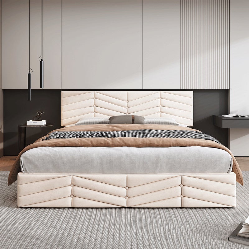 Cama 140x190 con somier, Cama tapizada 140x190 con cabecero regulable, Cama canapé 140x190 con espacio de almacenaje, Terciopelo beige - 2