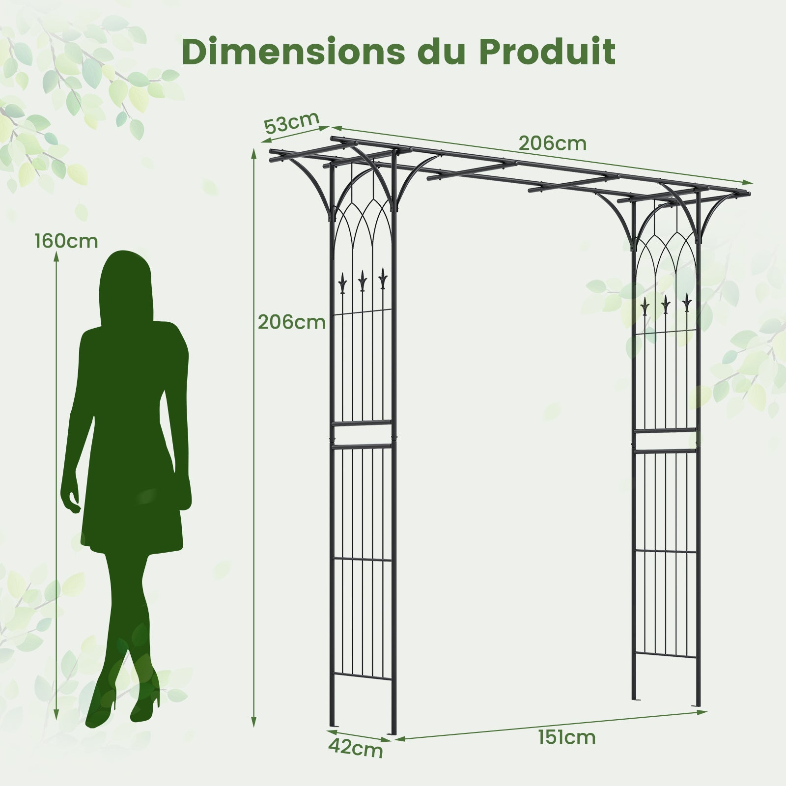 Arche de Jardin en Métal pour Plantes Grimpantes, Arceau à Rosiers en Treillis Extérieur 205x52x206CM, Support de Toile de Fond Élégant, Noir - 4