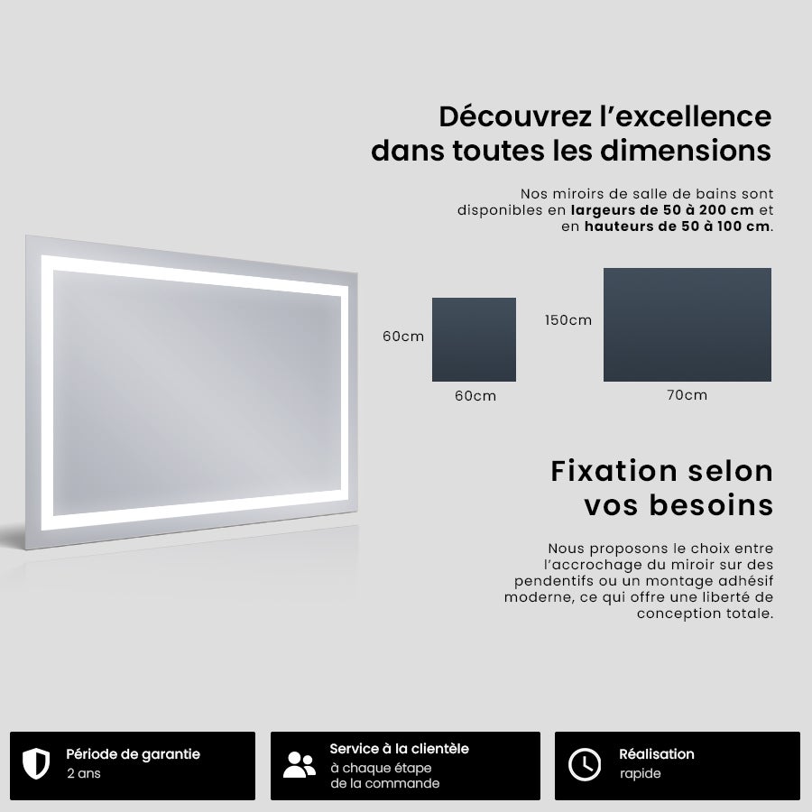 Miroir de Salle de Bain LED Bella - 120x100cm - Blanc Froid 7000K - 7