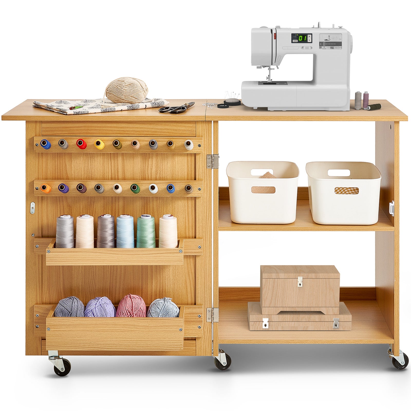 Mesa de Costura Plegable,VEVOR Multiusos para Máquina de Coser,Diseño Compacto,Ruedas,Estantes,Bandejas,Color Madera Natural - 9