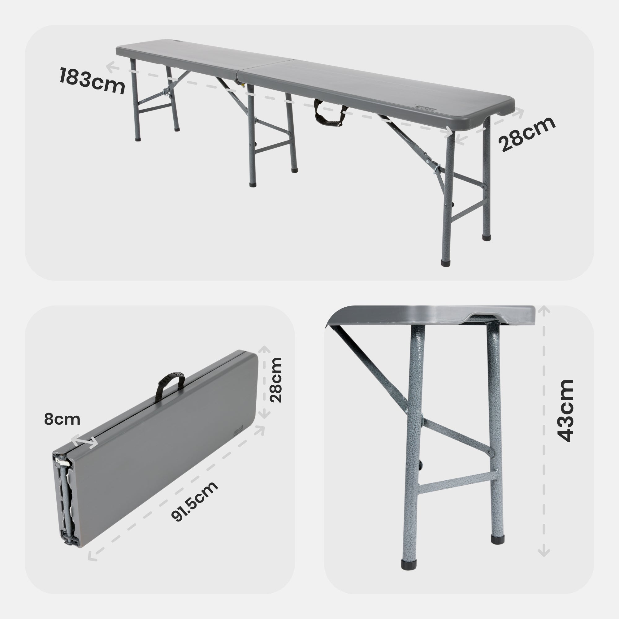 AREBOS 2 x banc à bière pliant, pliable, avec poignée de transport, 183 x 28 x 43 cm, banc pliant, camping, jardin, banc de fête anthracite - 9