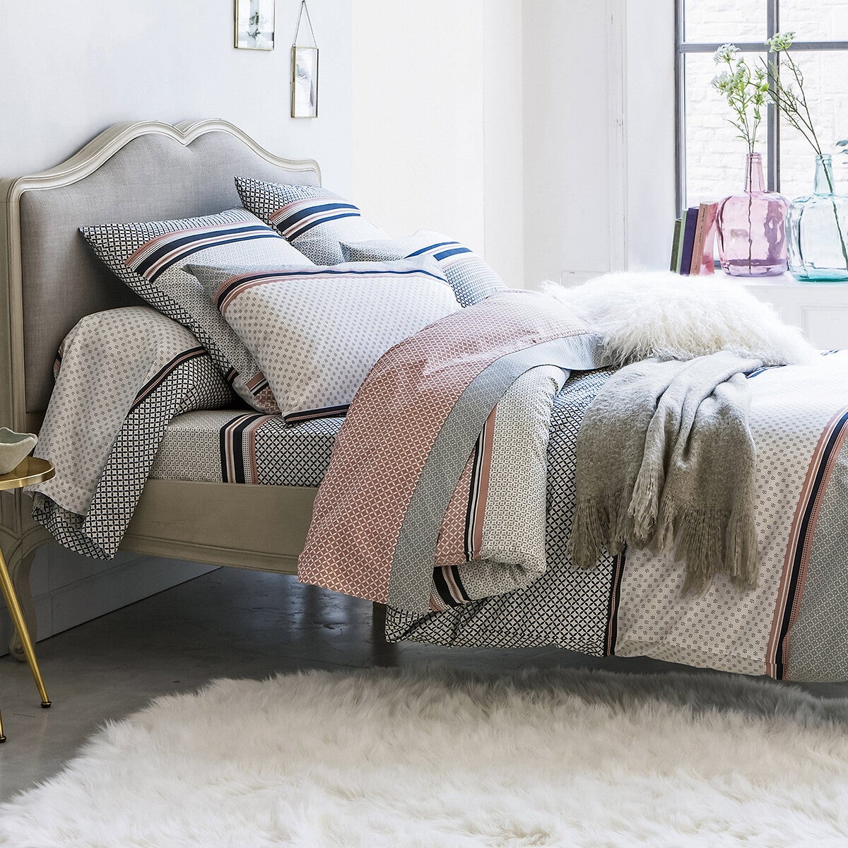 Housse de couette coton, Nayma - Gris/rose poudrée - 240 x 220 cm - 5