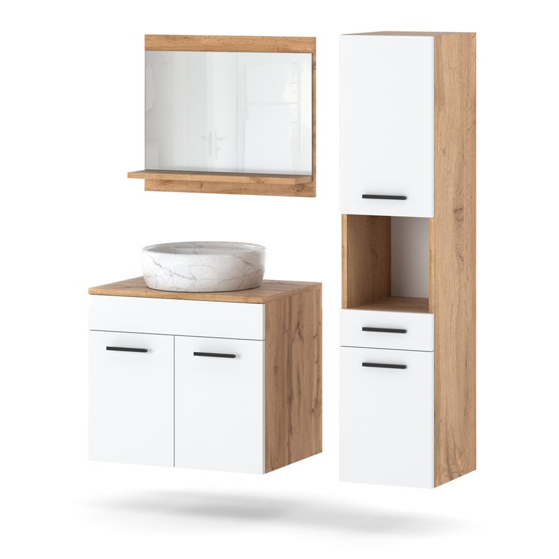 Zestaw łazienkowy 90cm wiszący z lustrem szafka słupek dąb wotan biały