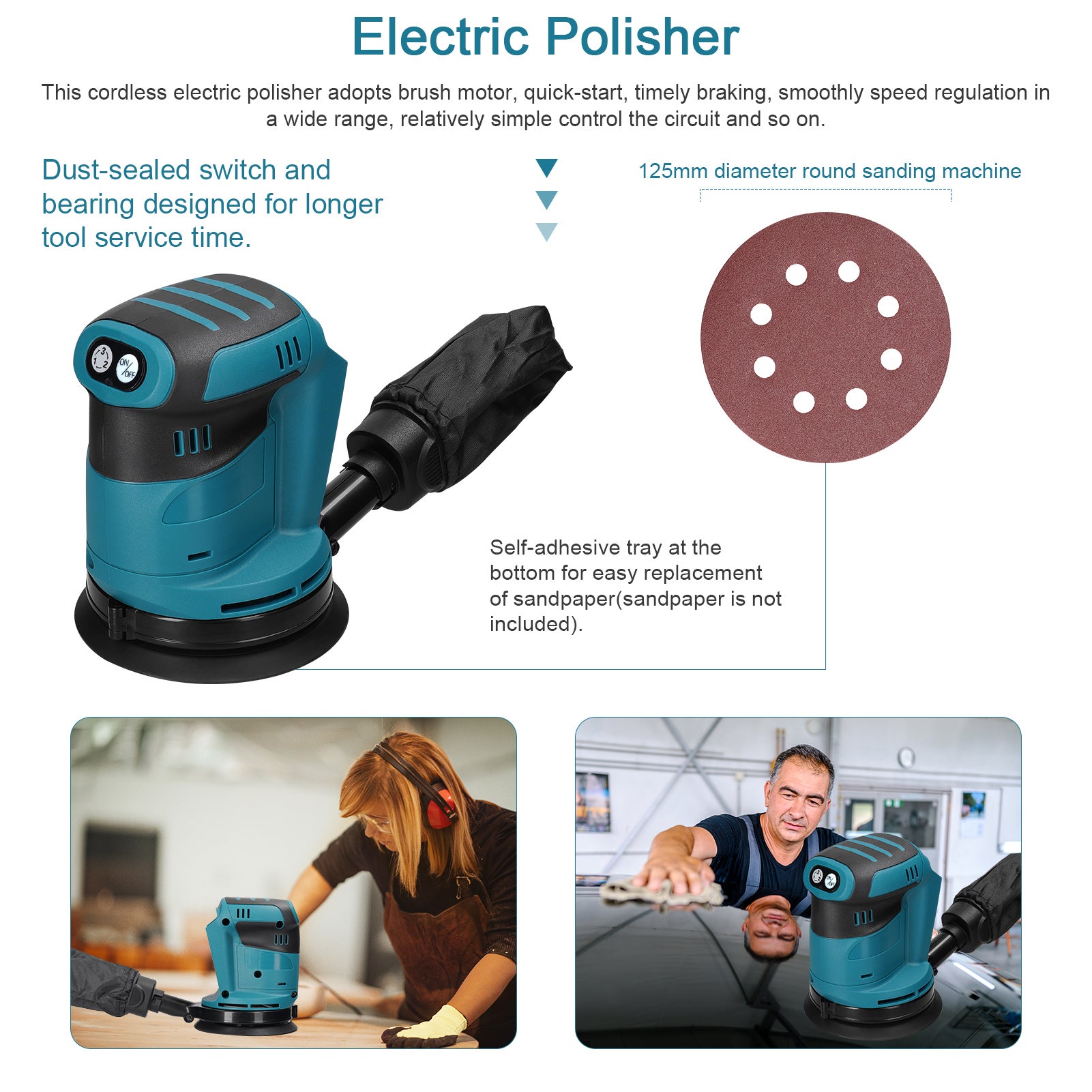 Levigatrice a batteria da 125 mm, levigatrice multifunzione, adatta per la lavorazione del legno e la lucidatura dei metalli dei veicoli elettrici - 7