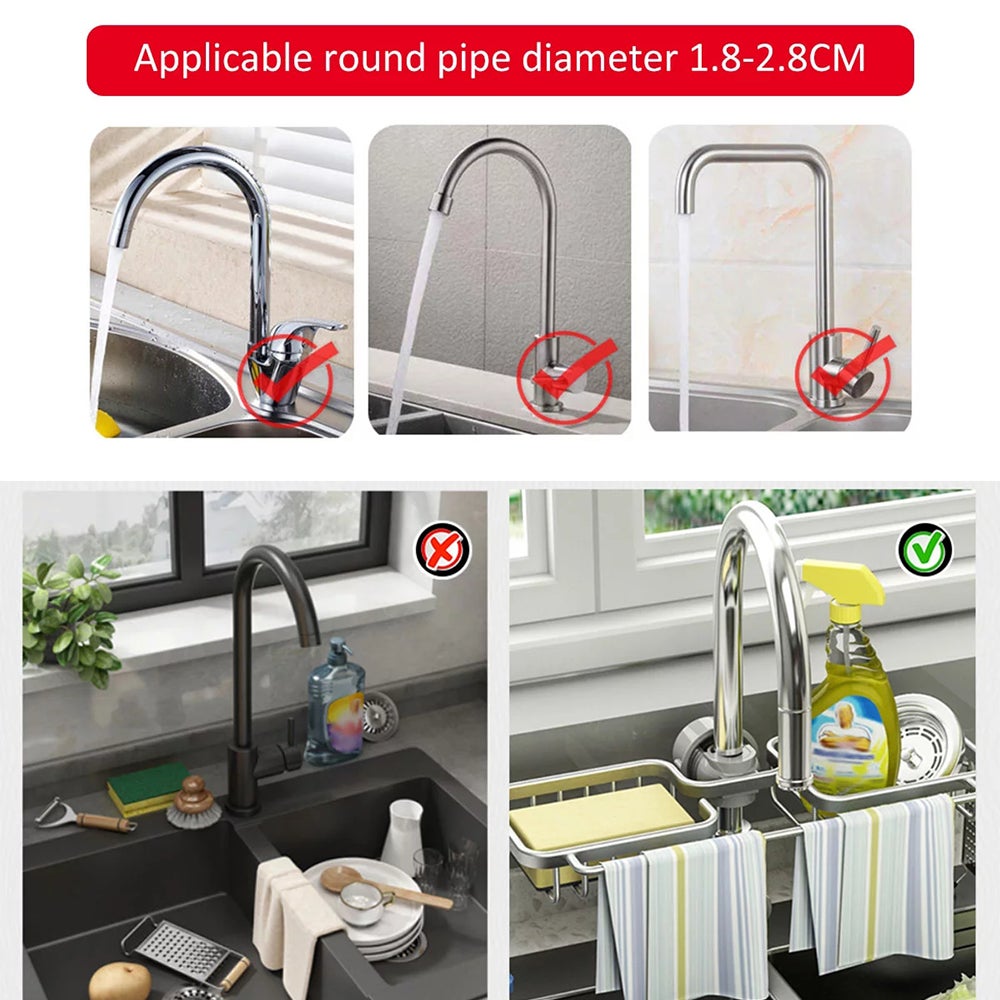 DrainCRack d'évier de cuisine en aluminium, espace de poinçonnage gratuit, support de robinet éponge, égouttoir à savon, panier de rangement suspendu - 4