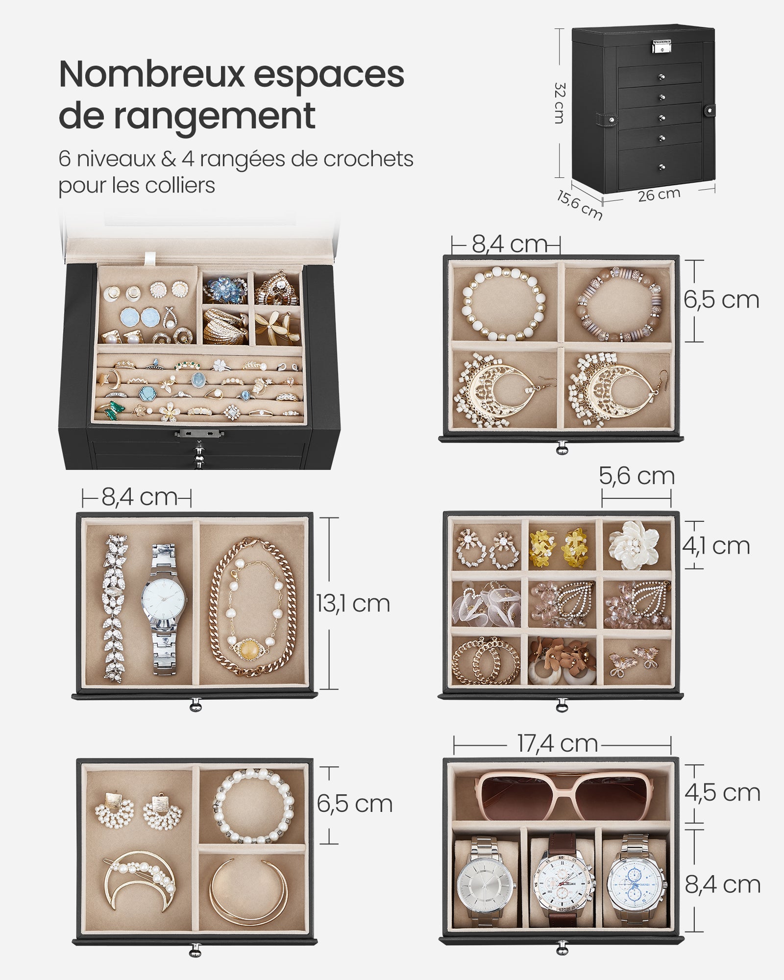 Boîte à Bijoux, Coffre à Bijoux, Grand, 6 Niveaux avec Ailes, tiroirs, Miroir et Fermoir, pour Bracelets, Boucles d'oreilles, bagues, Colliers, Noir - 5