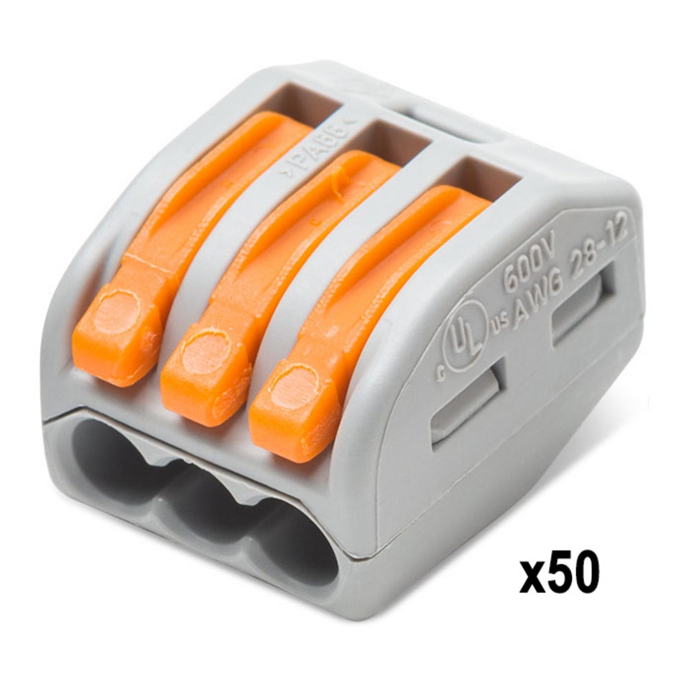 50x Connecteurs rapides WAGO S222, 3 entrées, 5 points de serrage, pour fils 0,08-4 mm², sans outil, jusqu'à 32A, avec point de test - 5