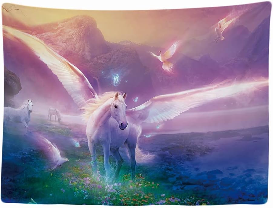 Dekoracyjny gobelin do sypialni, 200 x 150 cm, wzór jednorożca i konia, duży rozmiar, 200 x 150 cm, estetyczny gobelin, dekoracja panoramiczna.