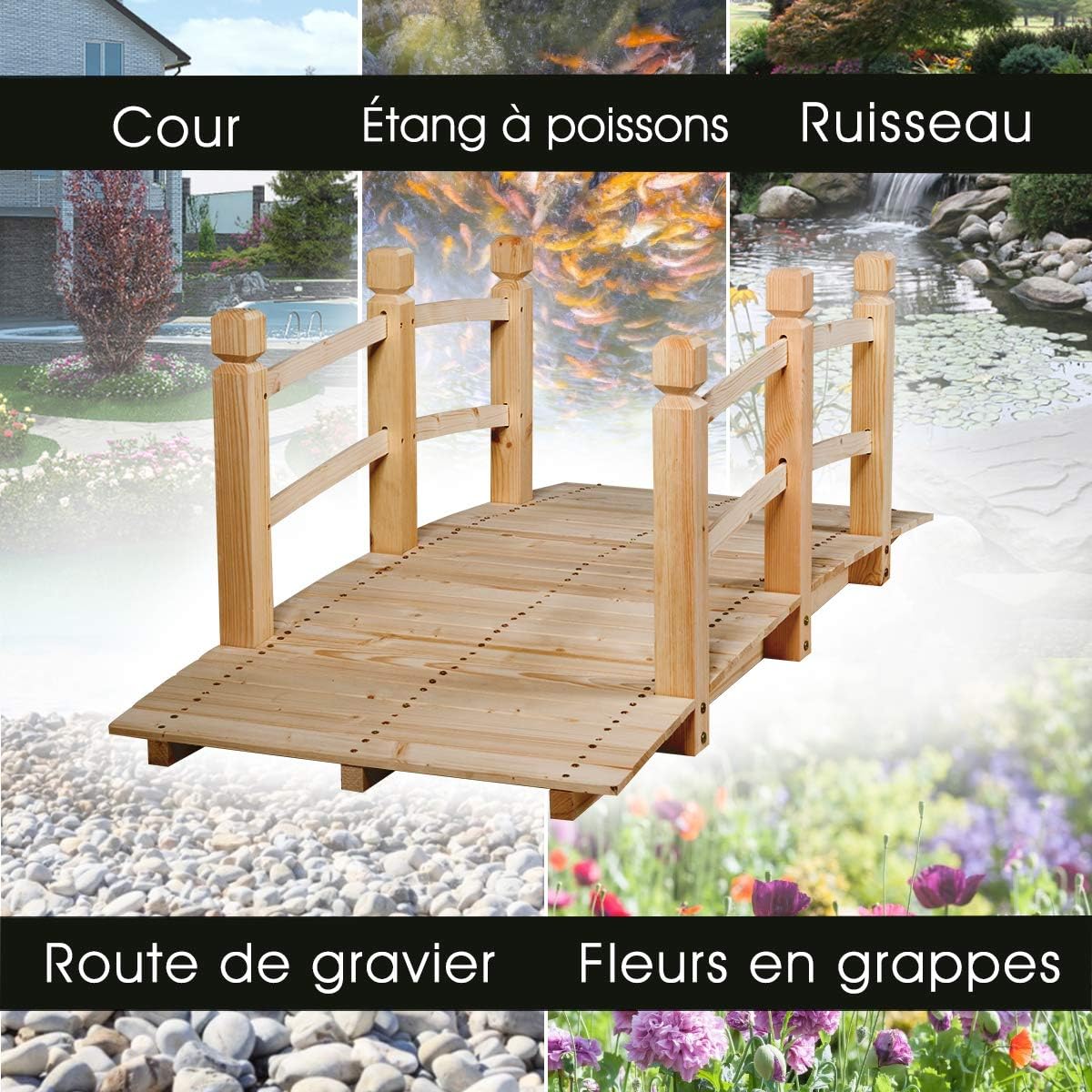 &nbsp;Pont de Jardin en Bois avec Balustrades 150 x 67 x 56 cm Charge 150 kg Max, Beige - 6