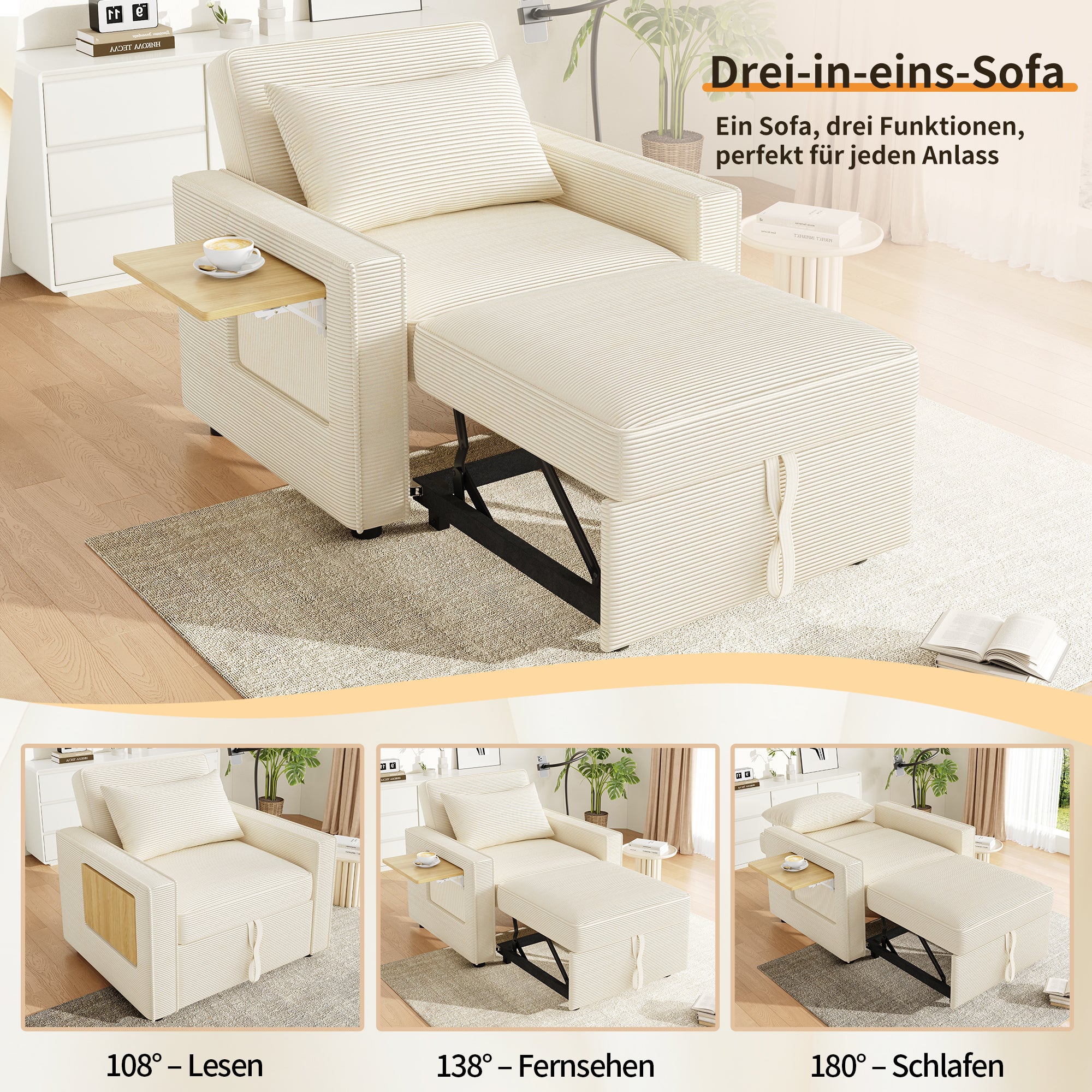 Canapé,Lit Pliant 1 Place , Fauteuil Convertible avec Port USB et Support Téléphone, Tissu Velours Côtelé Beige - 7
