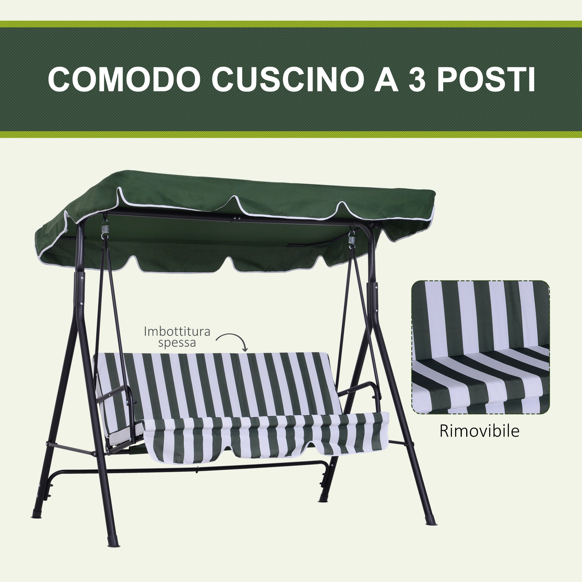 Outsunny Dondolo da Giardino a 3 Posti con Tettuccio Inclinabile e Cuscini, 172x110x153 cm, Verde - 7