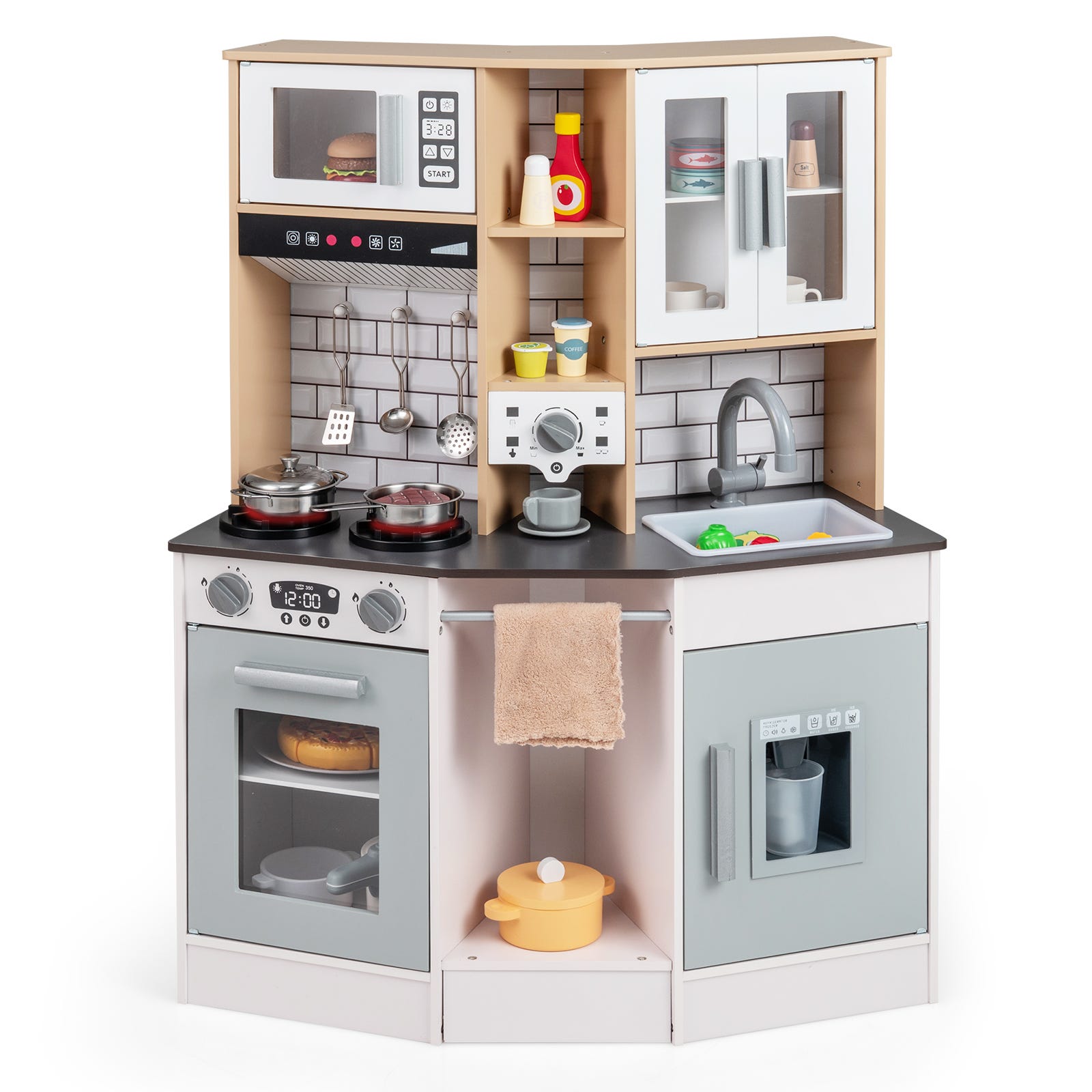 COSTWAY Cuisine Enfant avec Machine à Café & Machine à Glaçons, Cuisine en Bois Enfant avec Son Réaliste & Hotte & 10 Accessoires, Micro-Ondes, Armoires, Jeu de Simulation pour 3-6 Ans COSTWAY Cuisine Enfant avec Machine à Café & Machine à Glaçons, Cuisine en Bois Enfant avec Son Réaliste & Hotte & 10 Accessoires, Micro-Ondes, Armoires, Jeu de Simulation pour 3-6 Ans